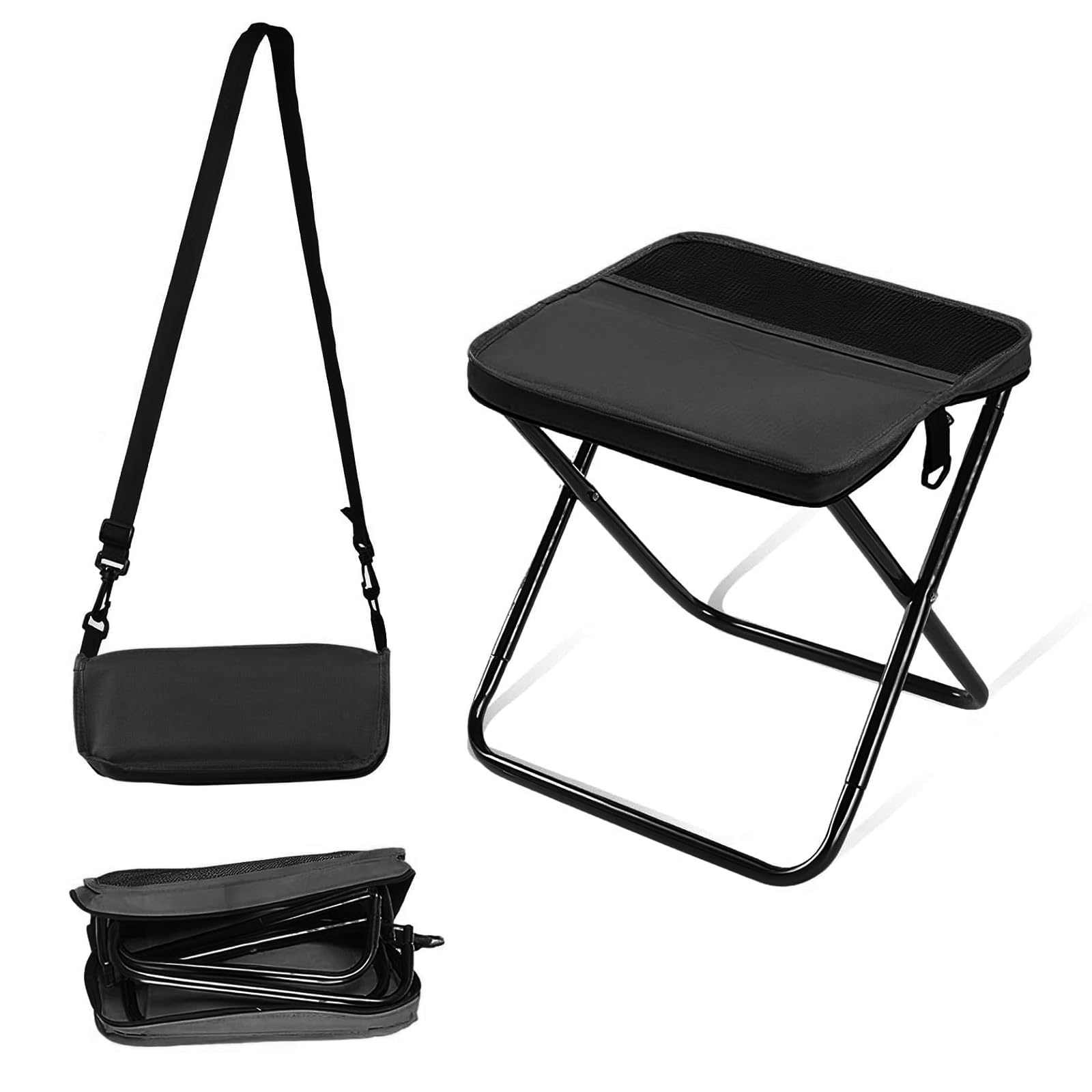 Sgabello Pieghevole a Zaino, Nero Grande - Sedia Pieghevole Portatile con Cinghia, Portata 120kg per Campeggio, Pesca, Escursionismo, Giardino