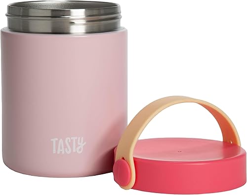 Tasty Tarro de comida con asa plegable, contenedor portátil para aperitivos o almuerzo, aislado al vacío de acero inoxidable con tapa a prueba de