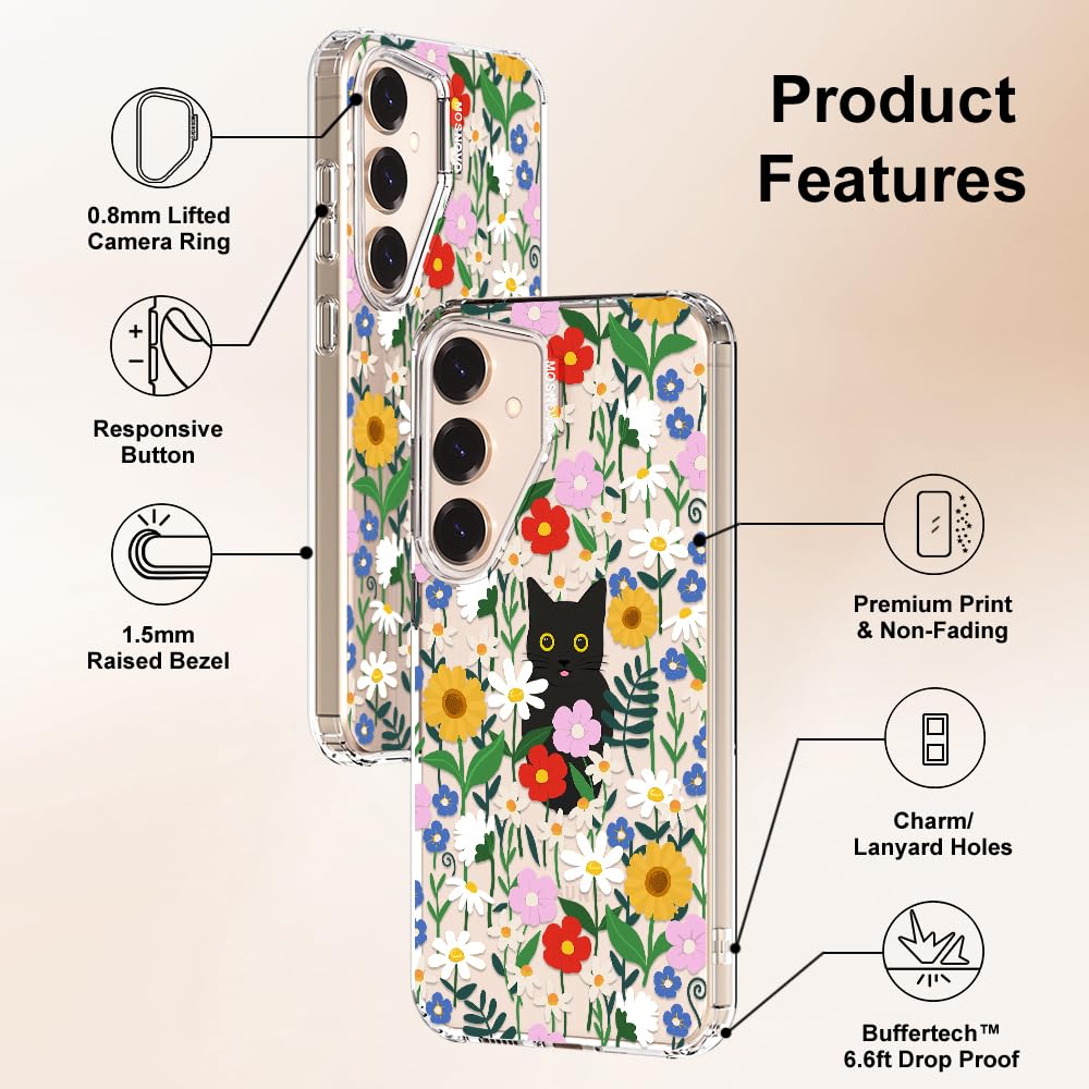 MOSNOVO Case for Samsung Galaxy S25 / Galaxy S24, [Buffertech 6.6ft Military-Grade Drop Protection] [Anti Peel Off Tech] Clear TPU Bumper Phone Case Cover Design - Black Cat in Garden — view 6