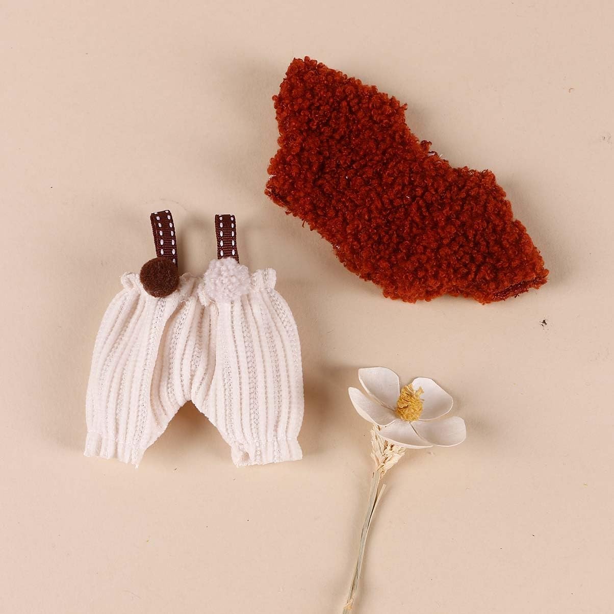 Compatible with Labubu (NO Doll) - Caramel Brown Teddy Top + White Knit Overalls with Pom-Pom Decor, 15cm/17cm Doll Clothing (Brown-White)