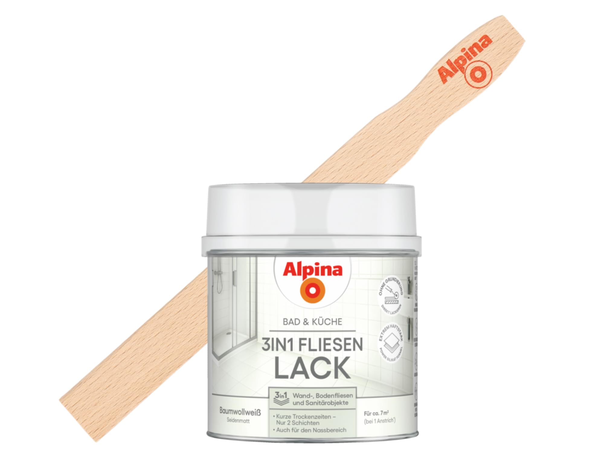 Alpina Bad & Küche 3in1 Fliesenlack Weiß 0,5 Liter inkl. Rührholz – Weißer Speziallack – langlebige Fliesenbeschichtung für Küche & Bad – strapazierfähig & feuchtigkeitsbeständig – 0,5 Liter