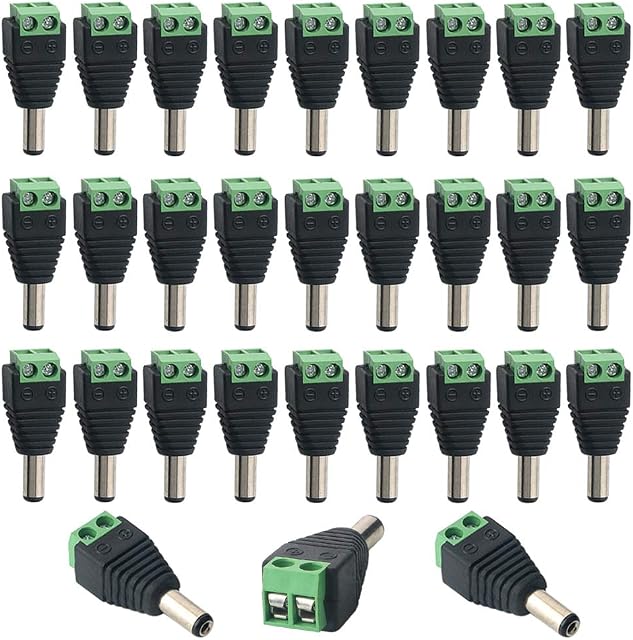 QitinDasen 30Pcs Premium 5.5 X 2.1mm DC Power Connector Male Plug, 12V / 24V DC Power Jack Connector Adapter, 2 Pin DC Screw Terminal Connector, for CCTV Camera LED Strip