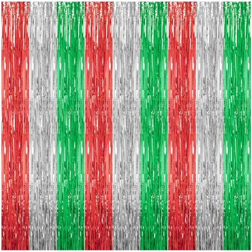 Image of DECOCKRAT 3 Pack Foil Fringe Backdrop - Shiny Tinsel Curtains for Party Decoration /Photo Booth Props - 3.3x8.2FT Metallic Foil Backdrop for Birthday, Wedding, Graduation, Christmas-Red&Silver&Green
