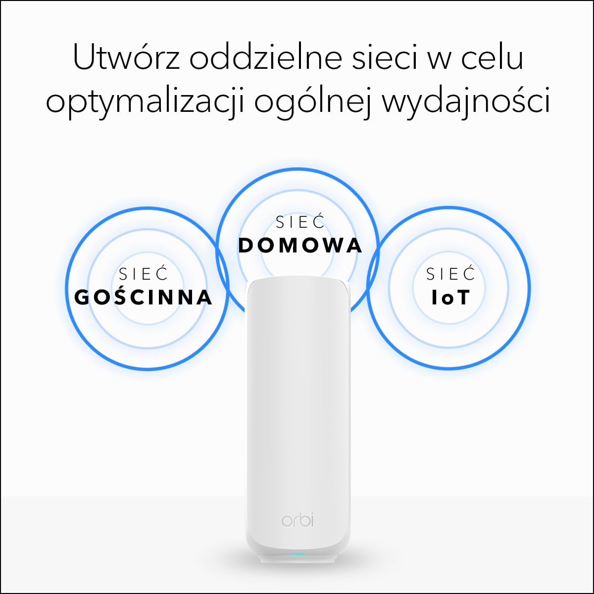 Dwupasmowy system Mesh WiFi 7 NETGEAR Orbi serii 370 do użytku domowego (RBE373) — router + 2 wzmacniacze, funkcje zabezpieczeń, 3,6 Gb/s, zasięg 360 m2, 70 urządzeń, port internetowy 2,5 GB, BE3600