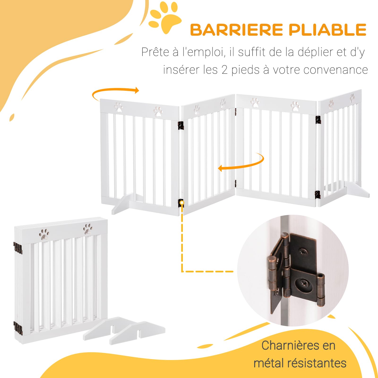PawHut Barrière de sécurité barrière modulable Pliable pour Animaux de Compagnie 4 Panneaux en Bois de pin Massif 204 x 30 x 61 cm Blanc | pour Animaux de Compagnie, 4 Panneaux, Bois de Pin Massif