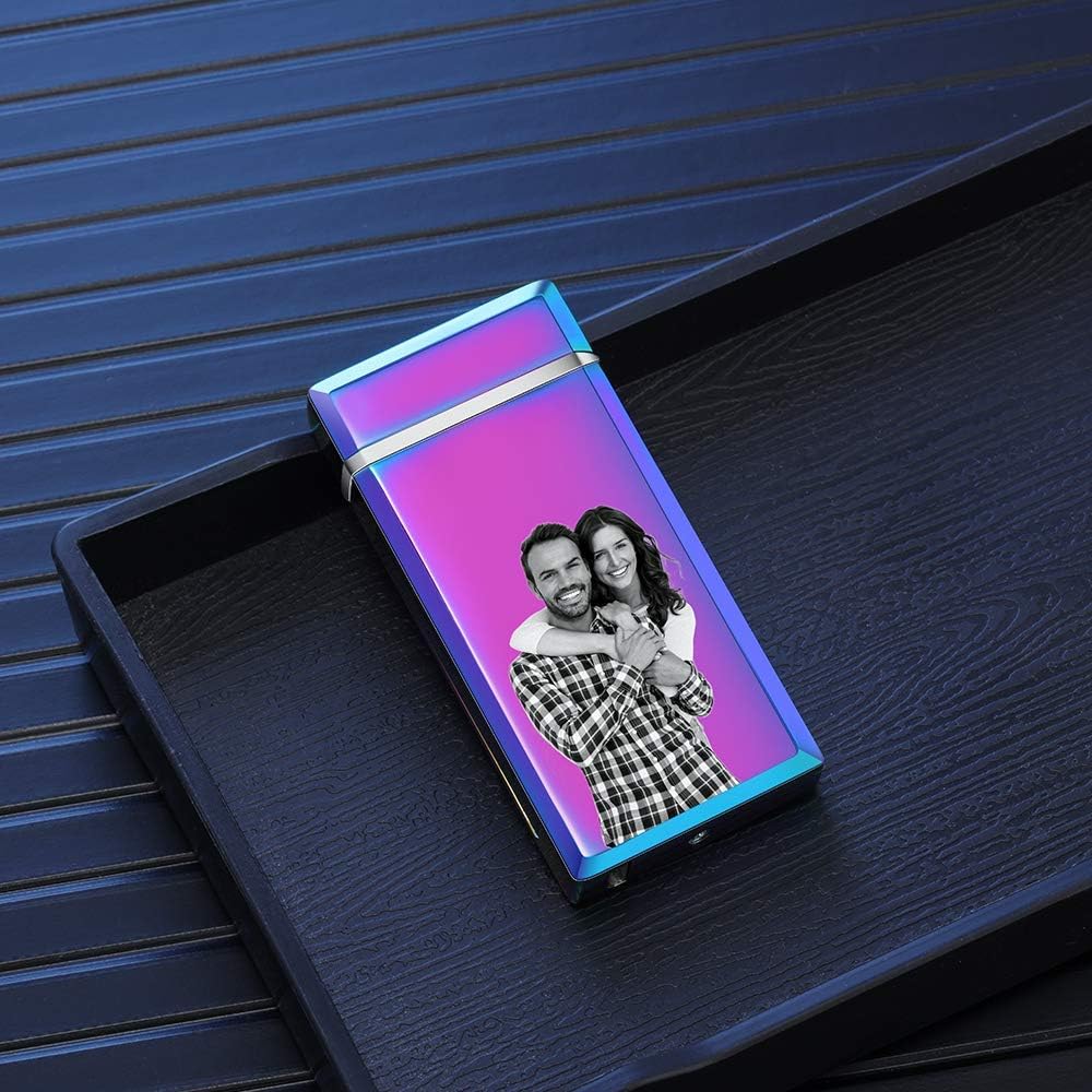 Photo Lighter for Boyfriend Personalized Electric Arc Lighter USB Lighter Custom Name Date Smart Fingerprint Sensor Lighter Rotating Lighter Rechargeable Plasma Lighter Father's Day with Gift Box