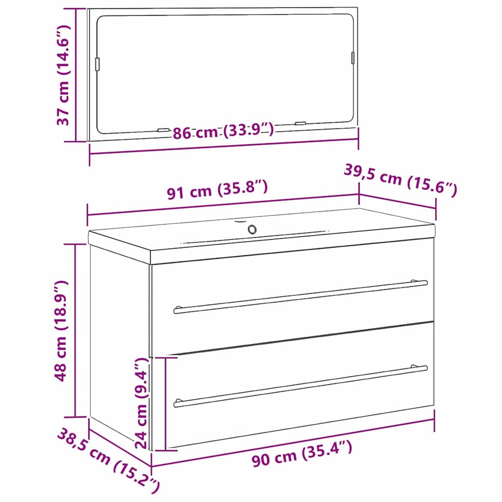 Mobile sottolavabo con 2 cassetti, effetto rovere, 90 x 38,5 x 48 cm, in legno e ceramica, per interni