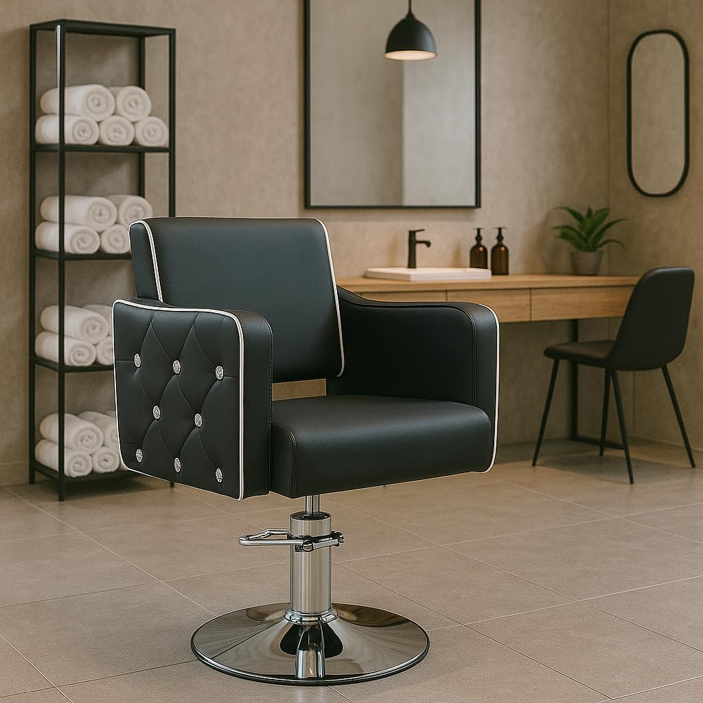 Italian Design - Sillón de Peluquería Profesional Black Diamond - Diseño Ergonómico y Acolchado con Altura Ajustable 92-102 cm, Tapizado Resistente al Agua y Base Cromada Antideslizante - Color Negro
