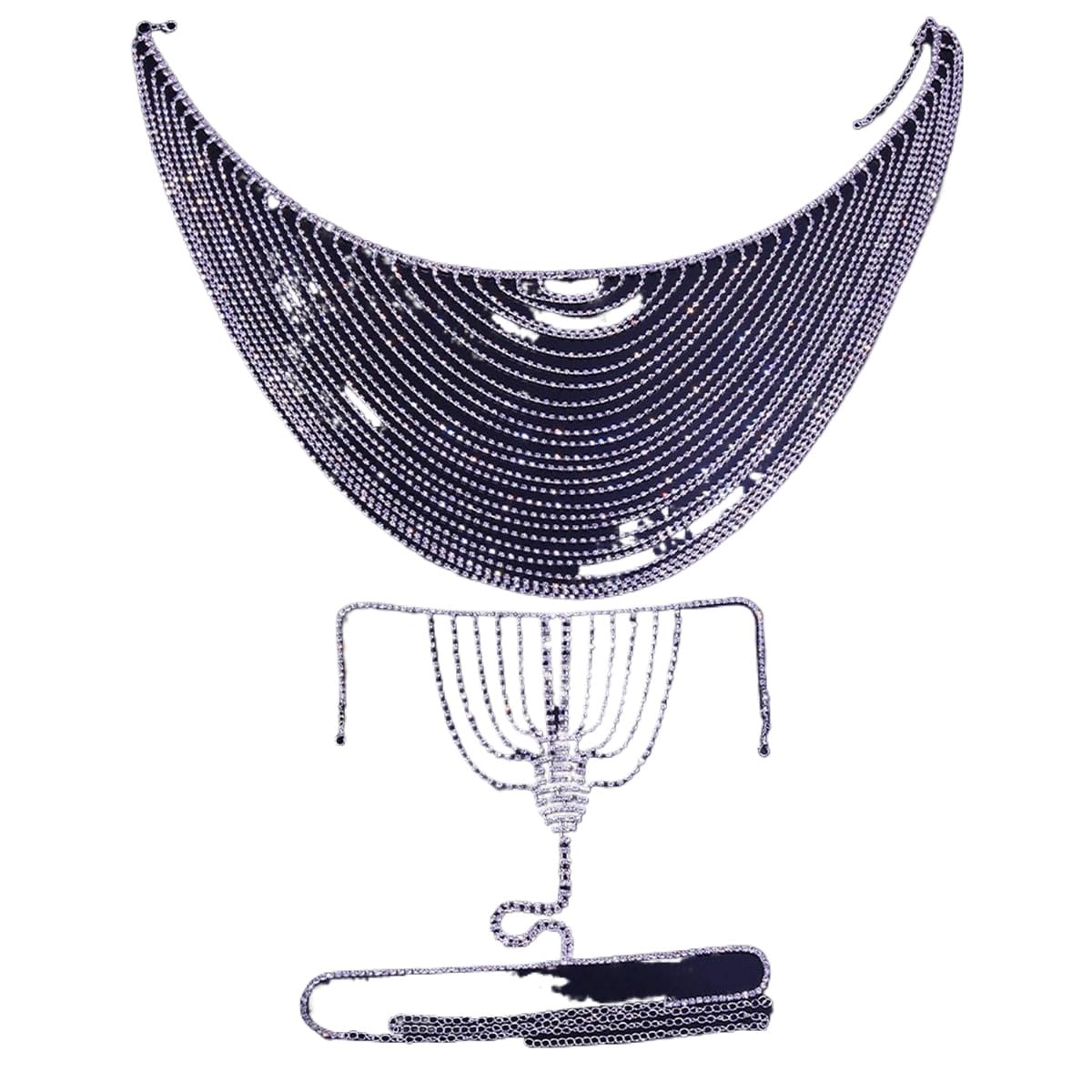 Sexy Diamond Chest Chain Bra Panties Sparkly Rhinestone Body Chain Crystal Bikini Chest Jewelry Lingerie Woman Nightclub Clothing (Silver)