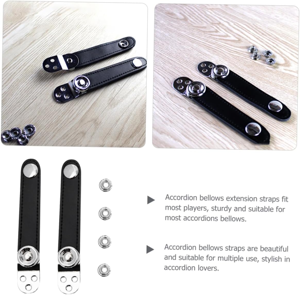 Kisangel 2pcs Black Metal Accordion Bellows Straps Buckles Genuine Leather Extension Straps for Accordion Replacement Sturdy Accessories for Musicians