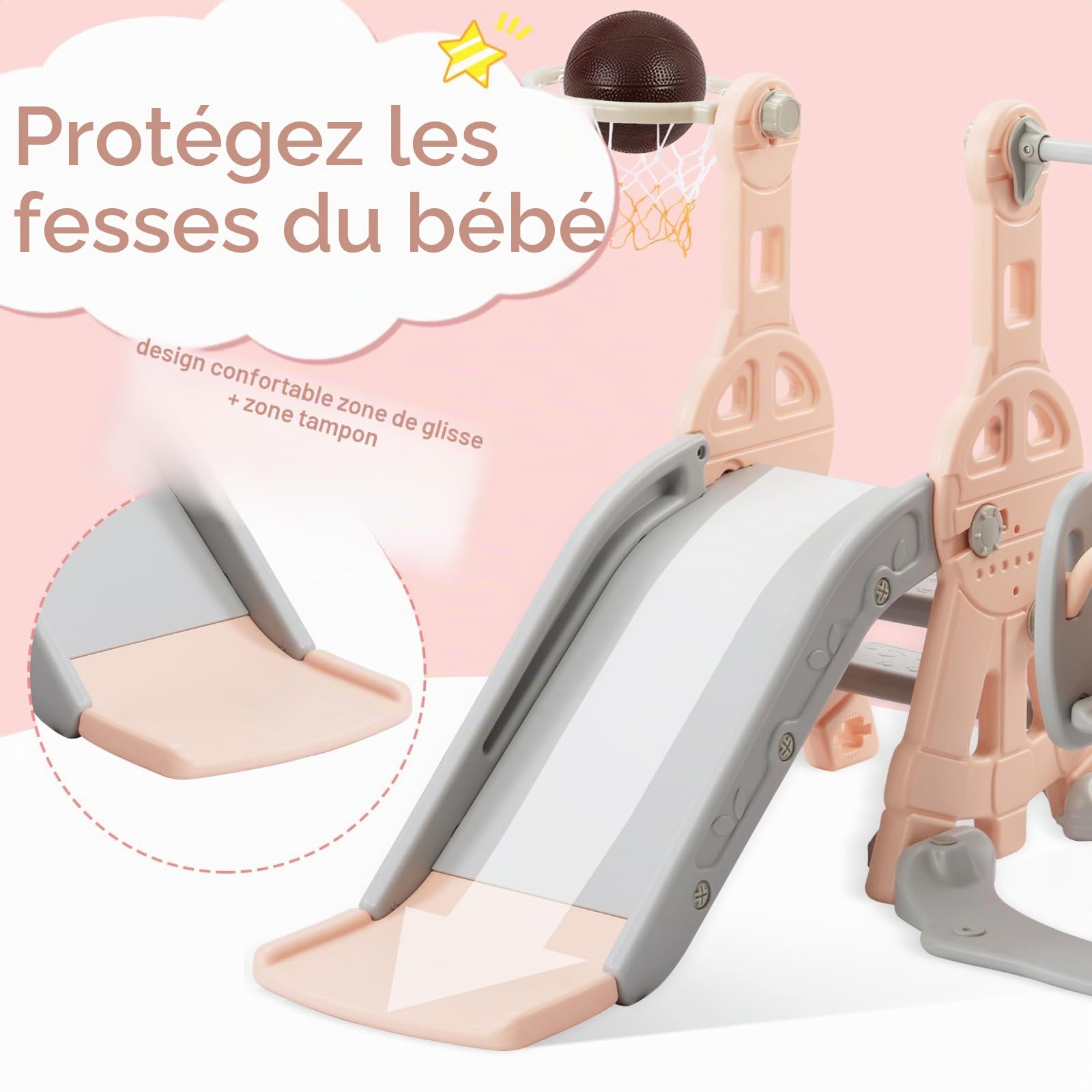 Toboggan d'intérieur à partir de 1, 2, 3, 4, 5 ans, aire de jeu 4 en 1 pour tout-petits avec support de basket-ball, échelle d'escalade, toboggan à bascule, toboggan de jardin pour aventures