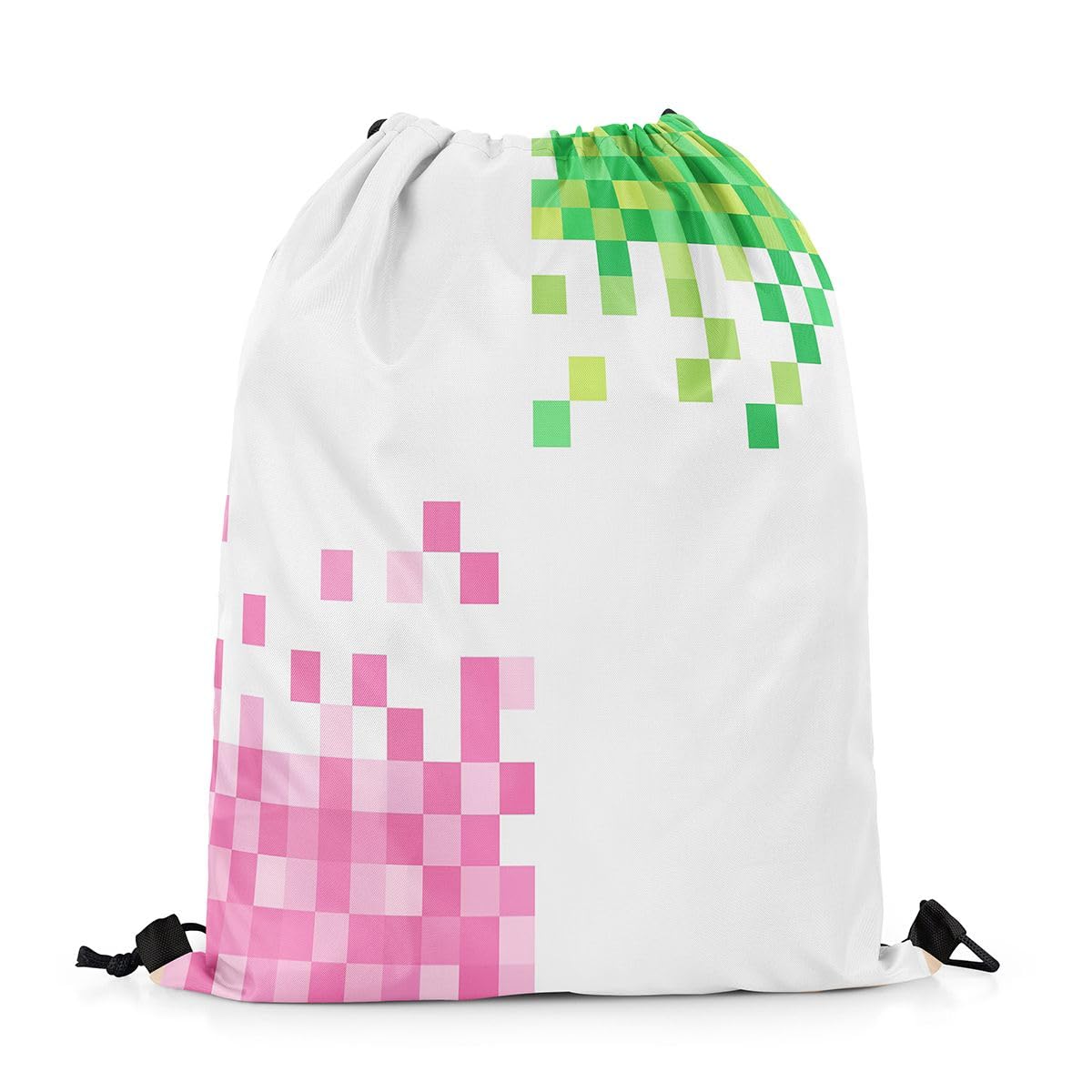 Castle Fairy Pixelated Style Drawstring Backpack 13"X19",Gamepad Miners Video Games Water Resistant Beach Bag,Miners Lattice String Bag for Shopping Yoga,Pink Green Sackpack for Gym Sports
