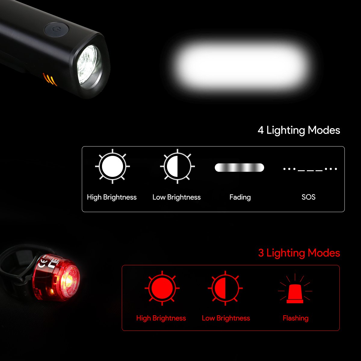 Image secondaire de LE - Ensemble d'Éclairage de Vélo LED CREE, Lampe Vélo LED Avant et Feu Arrière Rechargeable USB et Étanche, 4 Modes d'Éclairage