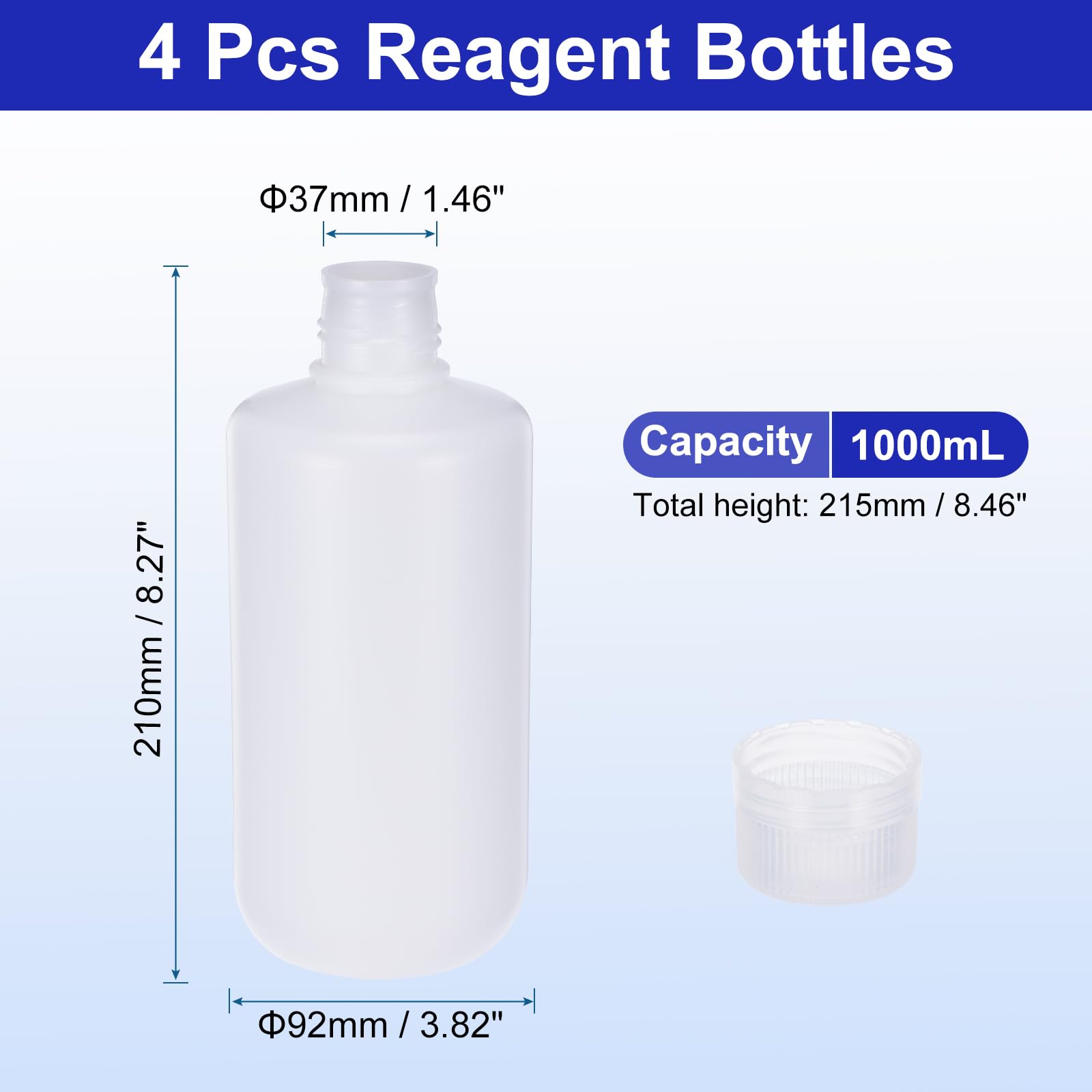 PATIKIL 4Pz 1000ml Bottiglie Reagenti, Bottiglie a Bocca Rotondo Stretta HDPE Tappo Vite per Conservare Acqua Liquidi e Campioni Solidi Contenitore da Laboratorio, Bianco Traslucido