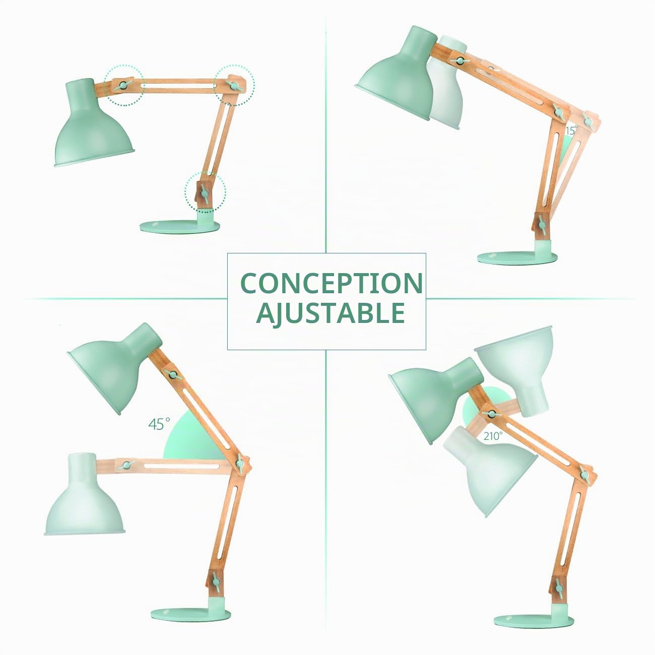 Tomons Lampe de Bureau LED, Lampe de Table à Bras Réglable, Lampe de Lecture Protection des Yeux pour Lecture, Travail, Lampe de Chevet Vert