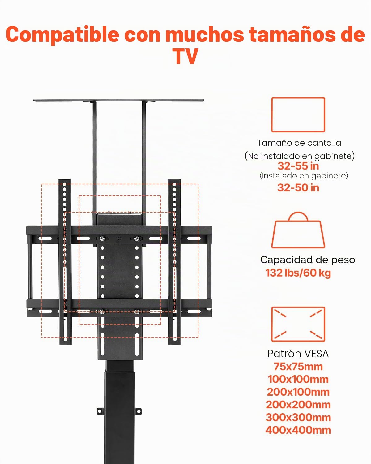 VEVOR Soporte de TV Motorizado Elevable para Pantalla de 813-1397 mm (no en Gabinete), Soporte de TV Vertical con Control Remoto, Carga de 60 kg, Patrón Máximo de Orificios VESA de 40 x 40 cm