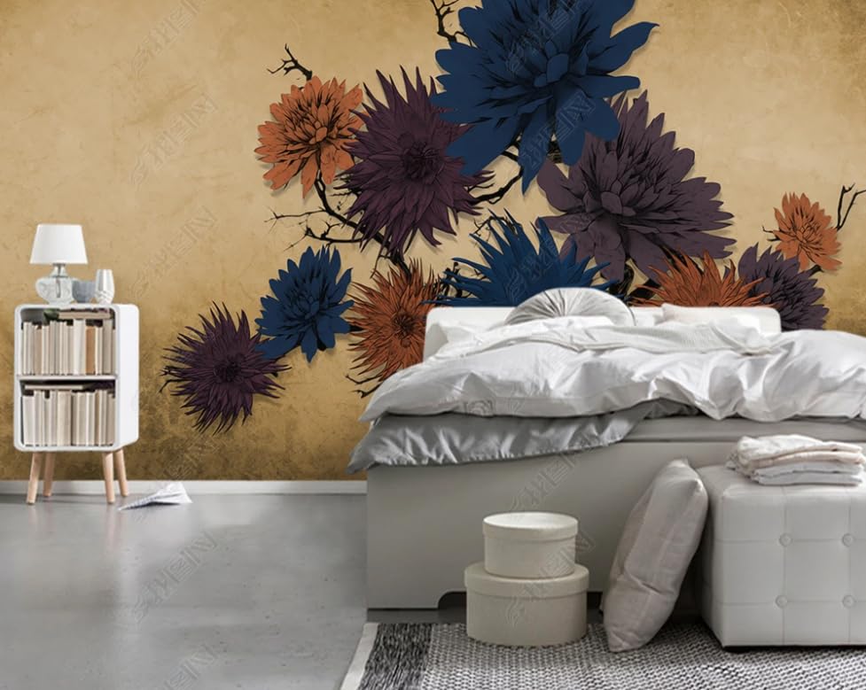 Papier peint intissé chrysanthème rétro salon poster mural géant floral 250x265 cm