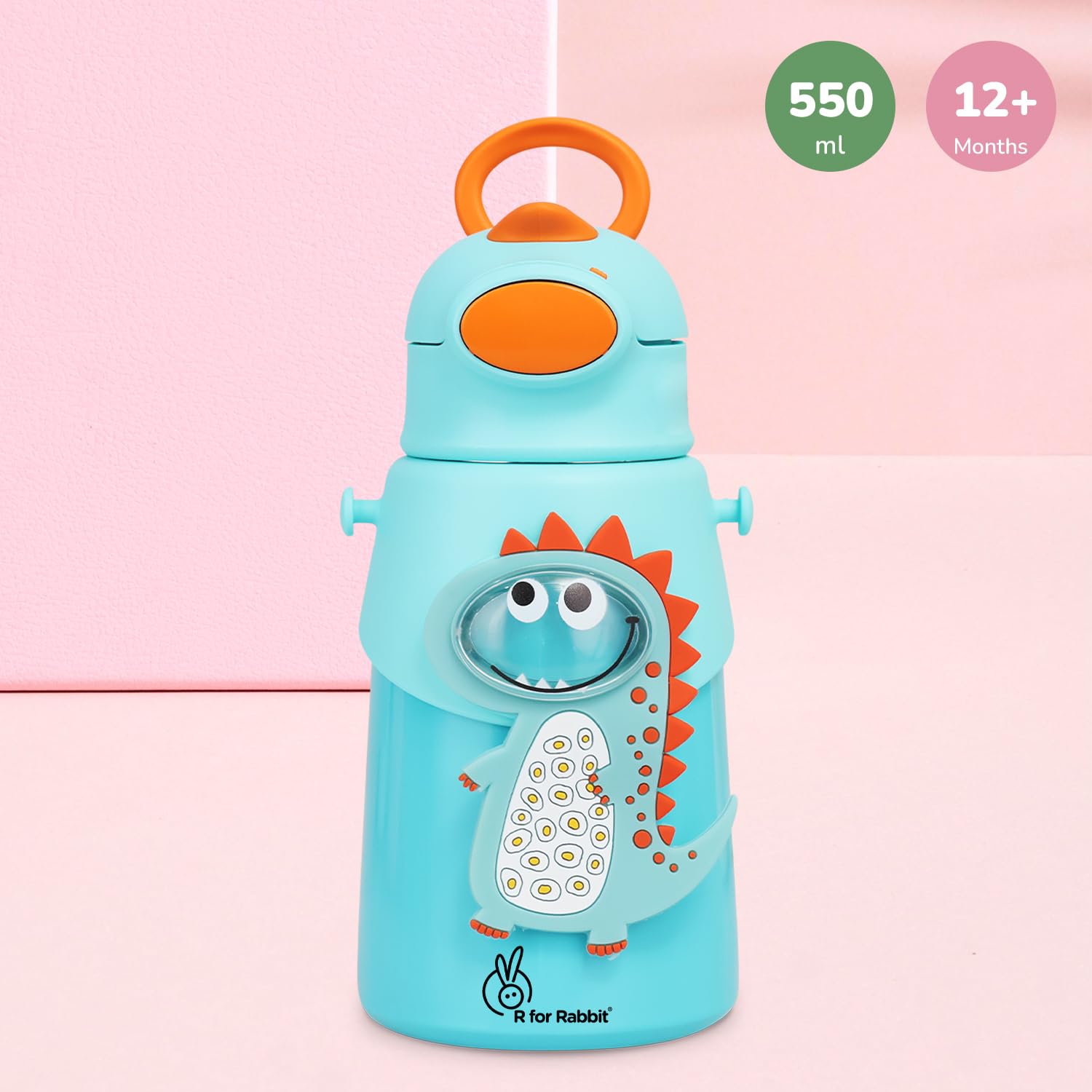 R for Rabbit Steebo Zoobie Premium Stainless Steel Water Sipper for Baby, Spill Proof BPA Free Soft Silicone Straw Drinking Sipper for Kids of 12+ Months (550ml, Blue Dino) - Image 7 thumbnail
