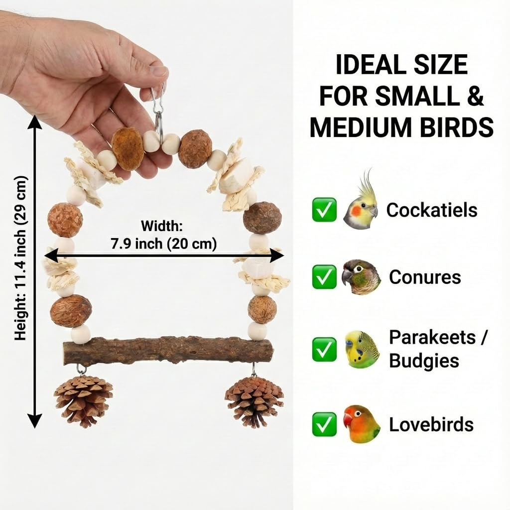 Natural Wood Bird Swing Toy for Parakeets Cockatiels, Parrot Hanging Perch with Chewing Pine Cones & Beak Grinding Pumice Stone, Bird Cage Accessories for Conure Lovebirds Budgies - Boredom Relief - image 2