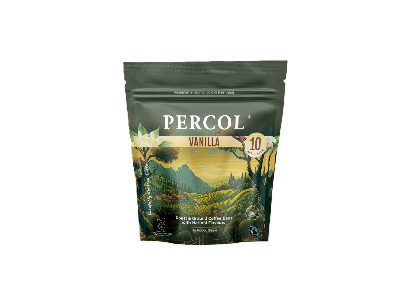 Percol Vanilla Flavoured Ground Coffee Bags – 10 Cups (10 x 8g Bags) – Smooth & Aromatic