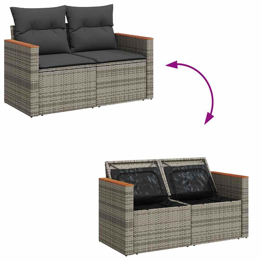 Salon de Jardin modulable 7 pcs Gris en résine tressée avec Coussins, Rangement intégré, Table Basse en Acacia, idéal terrasse, Balcon, Patio pour détente et Repas en Famille