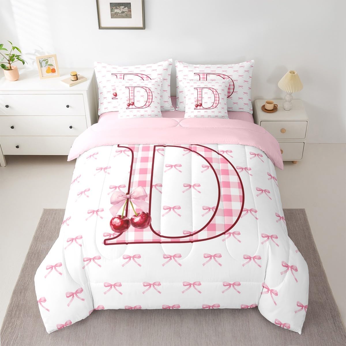 Erosebridal Cartoon Bowknot Comforter Set Full 7 Piece Initial D Letter Bed in A Bag Princess Coquette Decor Bedding Sets for Kids Girls Buffalo Plaid Cherry Monogrammed Sheet Set with Comforter