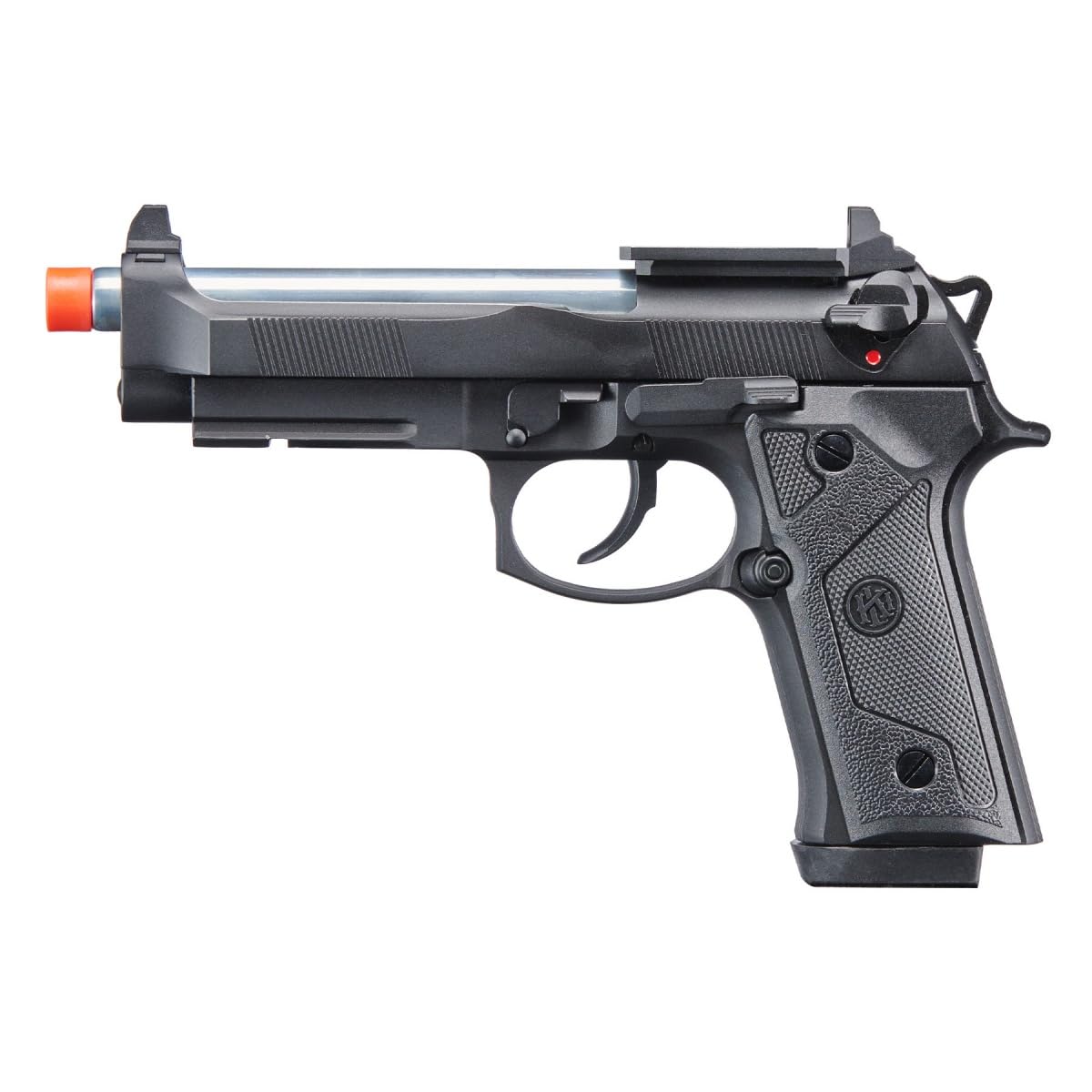 KLI KL-92 Brettaa Elite IA Dual Power CO2/Gas Blowback Polymer Airsoft Pistol with with Red Dot Mount- (Silver Barrel/Green Gas)