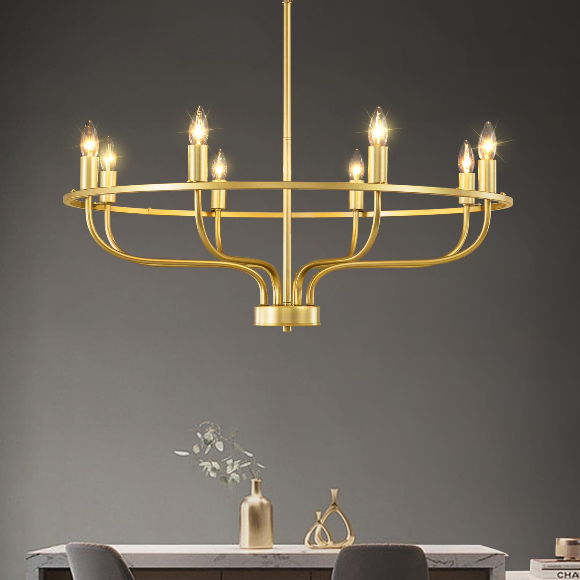 Jughtbo 8-Lights Gold Chandelier,Round Candle Chandelier Made of Metal Iron,Gold Wagon Wheel Chandelier,Modern Chandelier,Chandeliers for Dining Room,Bedrooms,Entryway,Living Room
