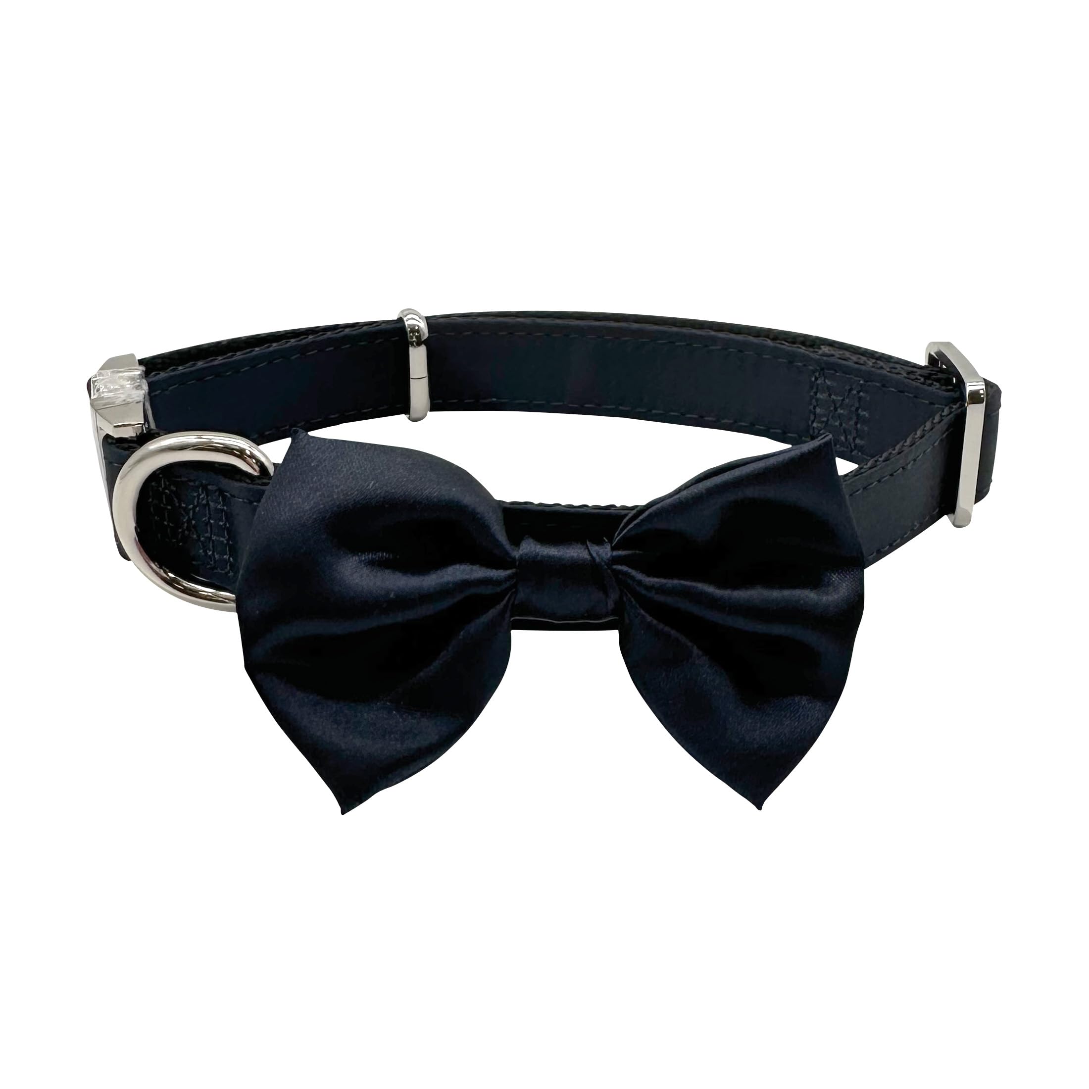 Croci Ceremony - Collare per cani maschi, con papillon, per matrimonio, Tessuto Blu elegante satinato, dettagli color argento, per cani taglia piccola, media, grande, M/32-50 cm