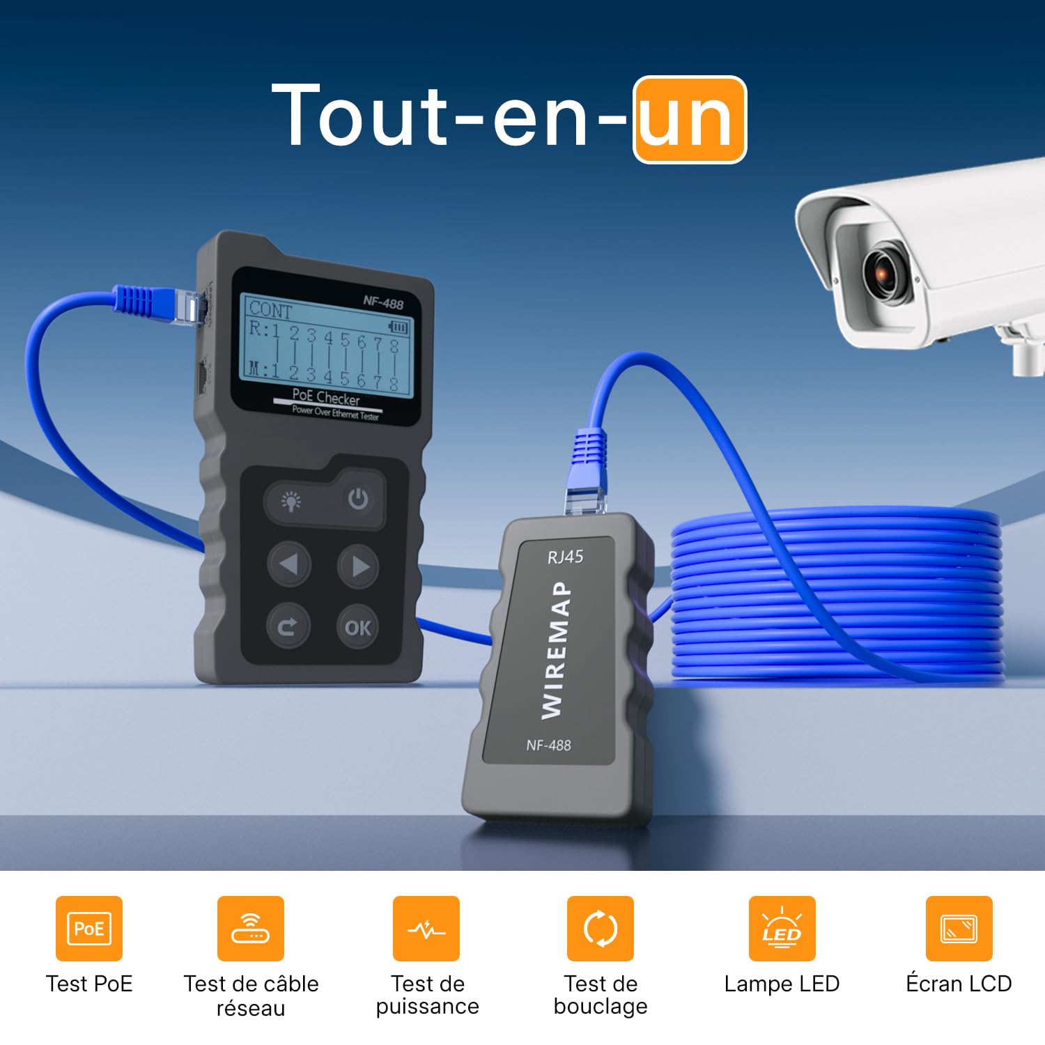 Mcbazel Testeur de Réseau RJ45 avec Testeur de Câble LCD, Testeur de Tension POE, Instrument de Mesure
