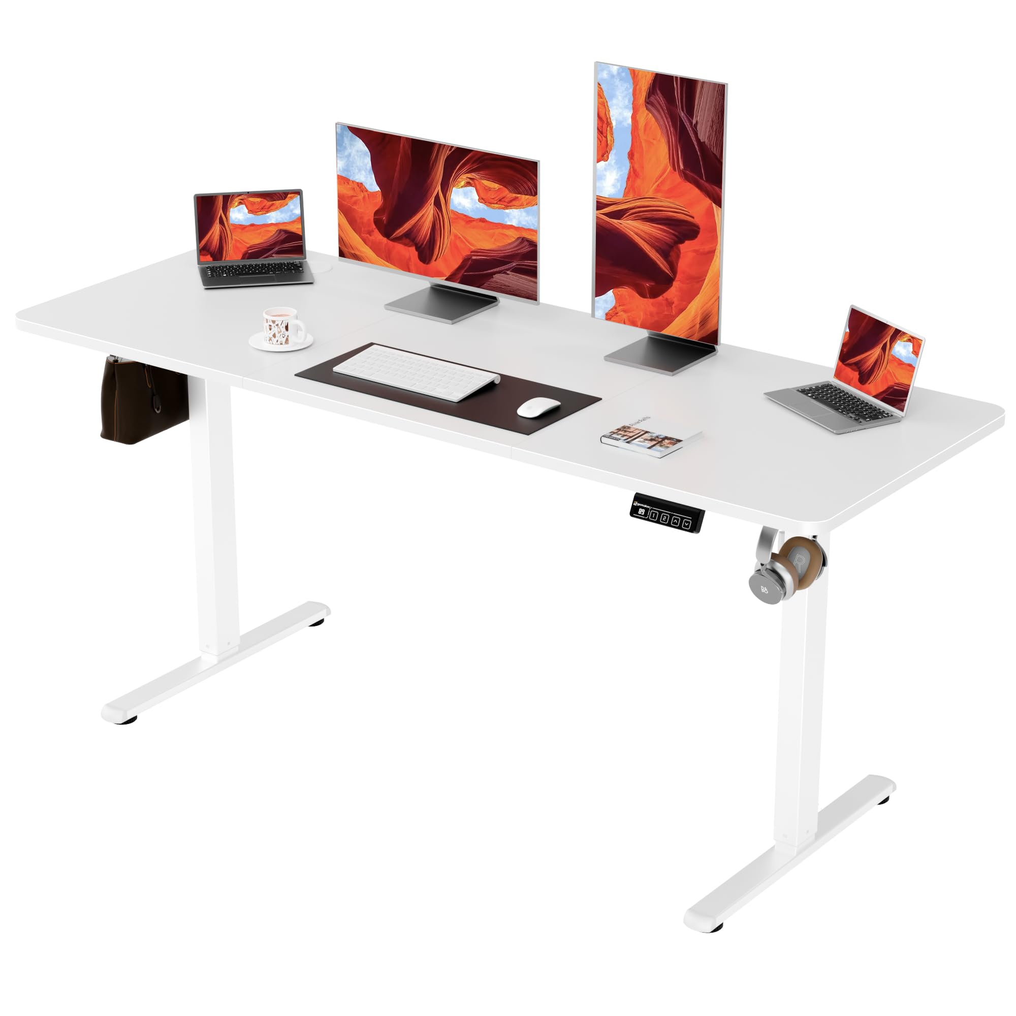 ERGOMAKER Electric Standing Desk 160x60cm (63"x23.6"), Height Adjustable Sit Stand Desk with Splice Board for Home Office, Computer Desk Memory Preset (White Frame + White Desktop)
