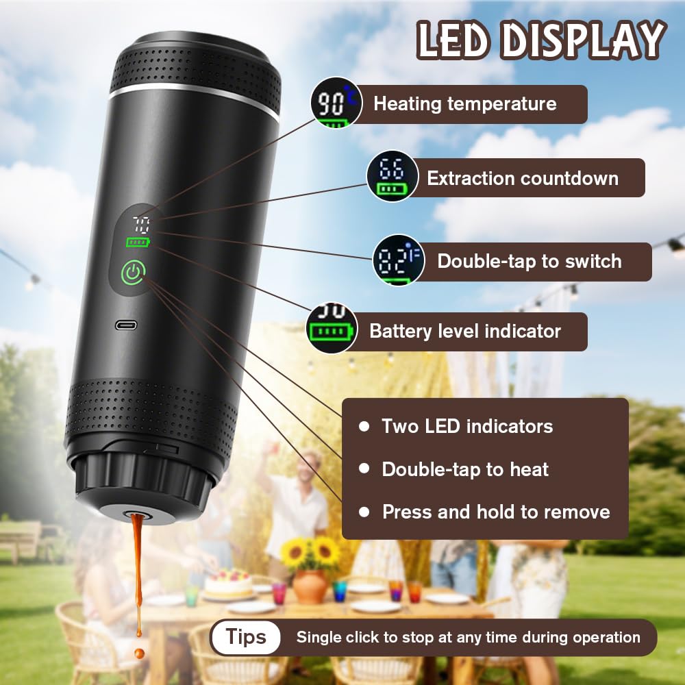 Cafetera Portátil 3 en 1, Mini Cafetera Portátil de Espresso y Capsulas, Autocalentamiento de 5 Minutos, Compatible con Cápsulas y Café Molido, Carga Rápida USB-C, para Acampadas, Senderismo