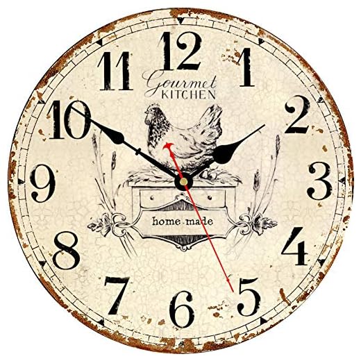 Rustic Wall Clock French Country Vintage 14 Inch Wall Clock Battery Operated Silent Non-Ticking Wooden Wall Clock Retro Arabic Numerals Animal Style Wall Clock (Gourmet Kitchen)