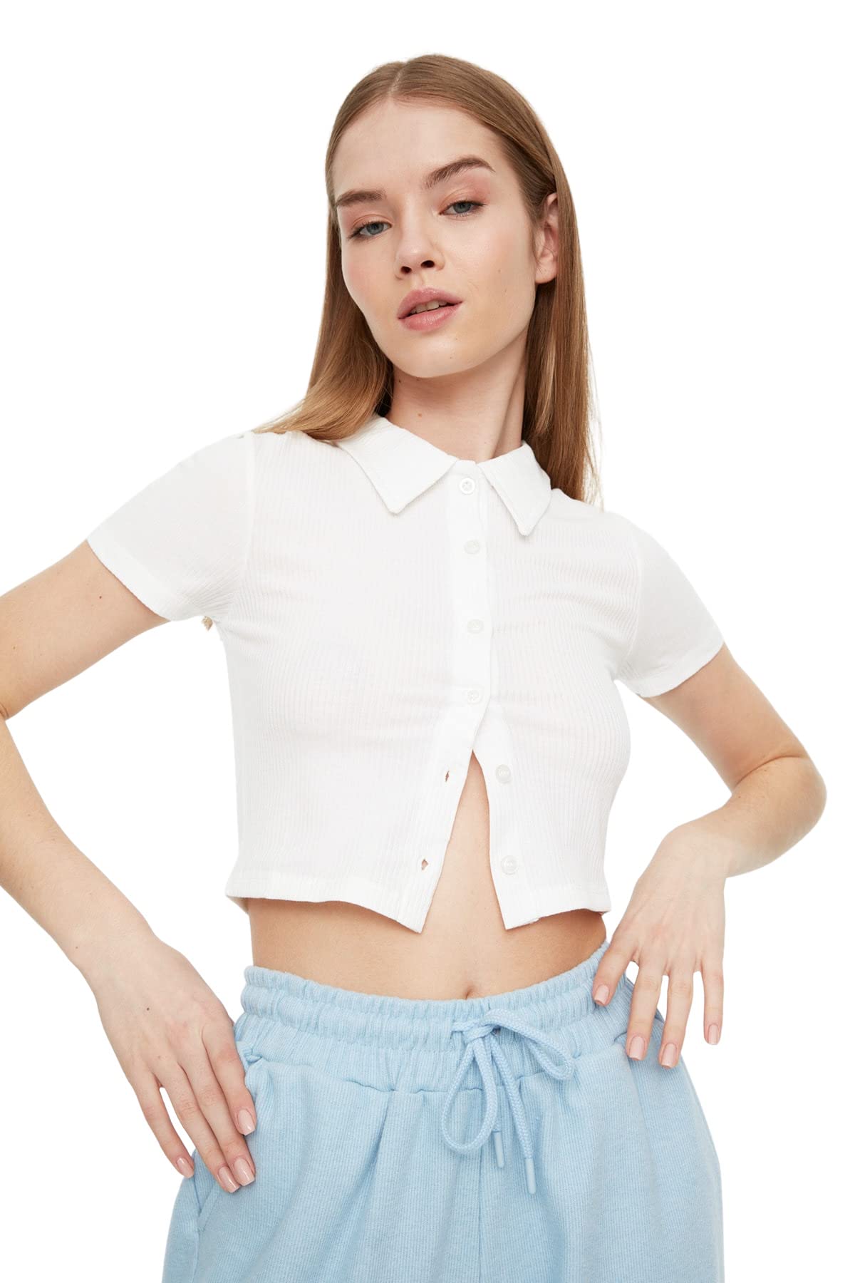 Trendyol FeMan Loungewear Regular fit Basic Polo Neck Woven Blouse White