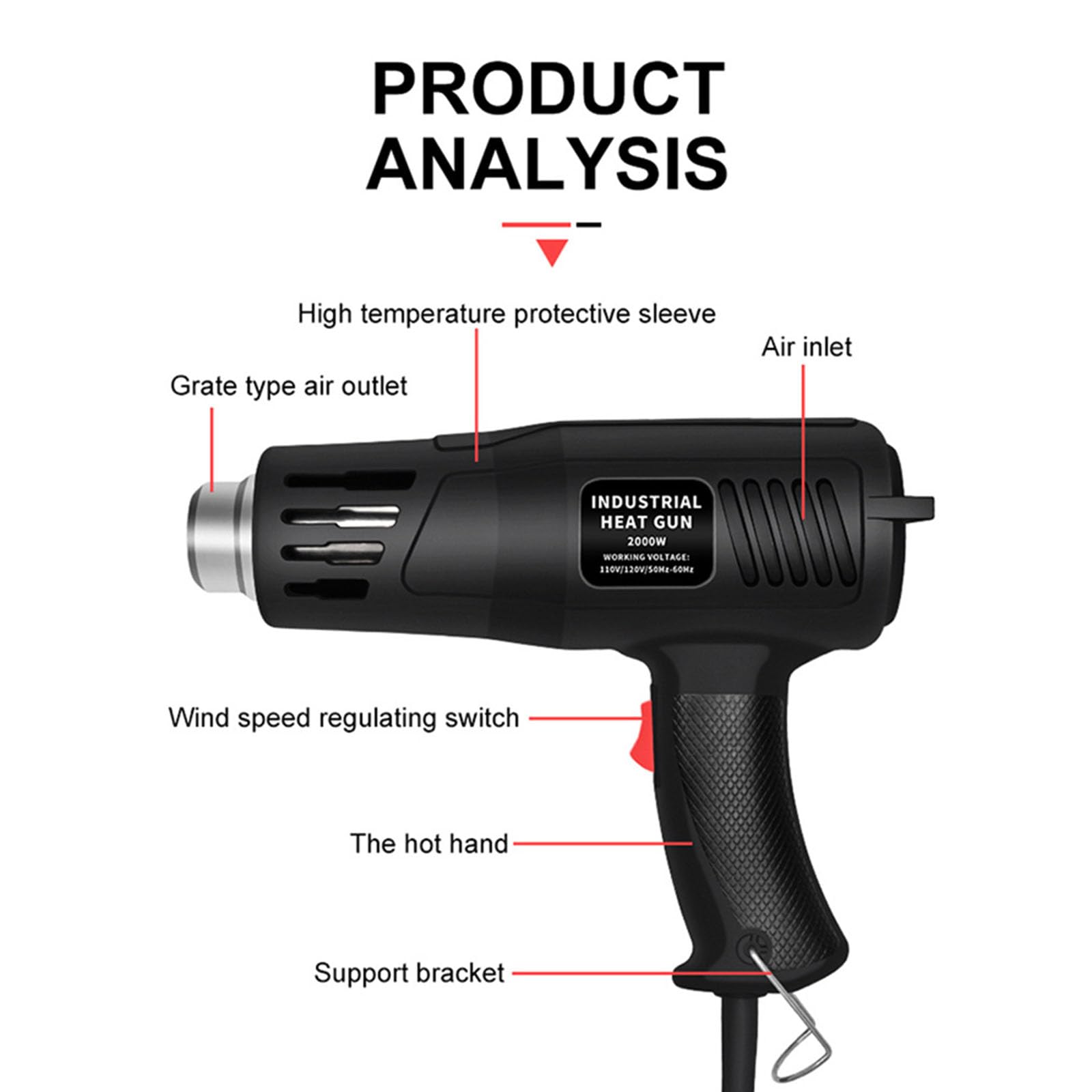 Heat Gun, 2000W 140°F-1112°F (60°C-600°C) Fast Heating, 2 Temperature Control Settings, Variable Temperature, Overheat Protection, for Crafts, Shrinking PVC, Paint Stripping