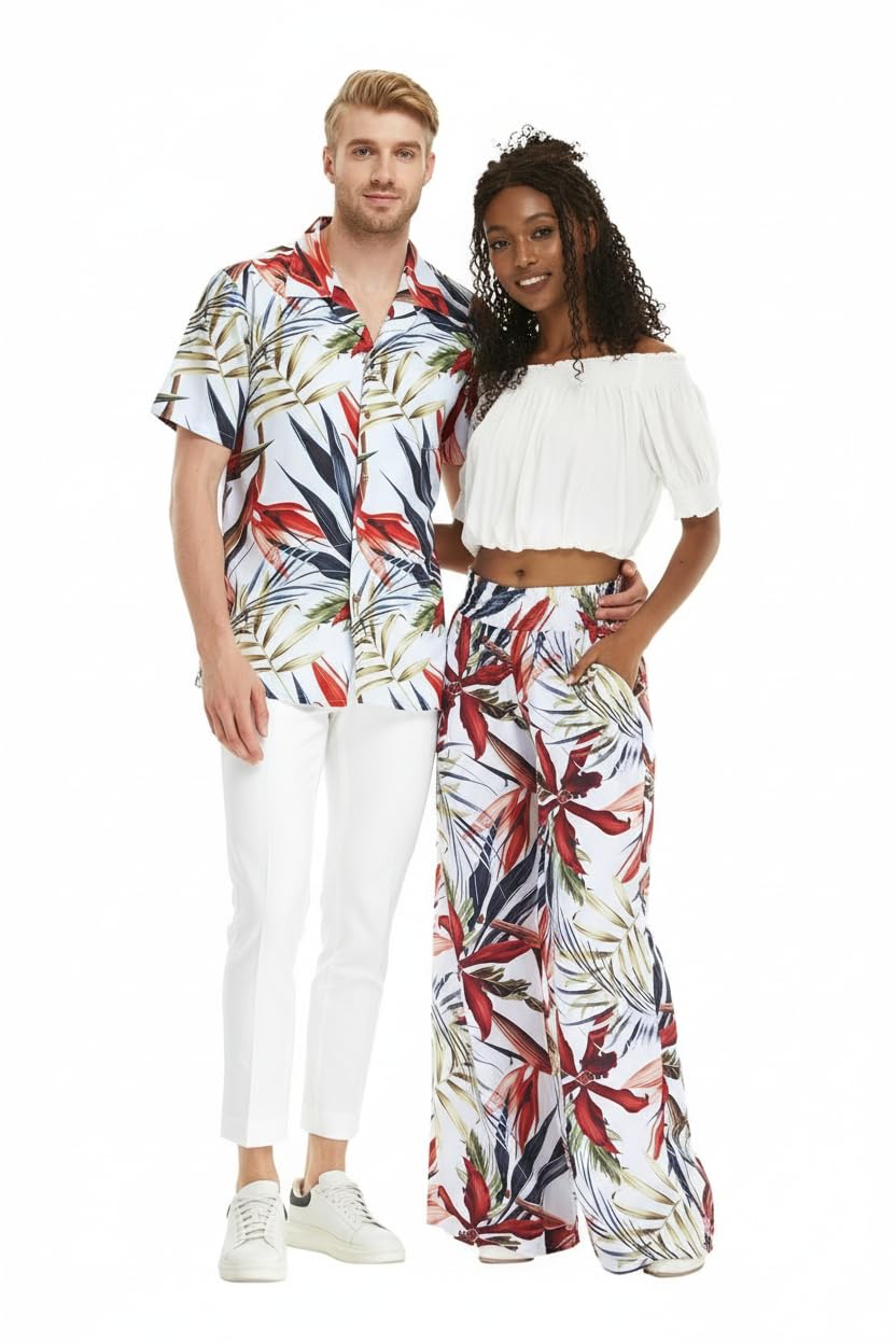 Matchable Couple Hawaiian Luau Shirt or Wide Legged Pants with Pockets in Garden at Dawn
