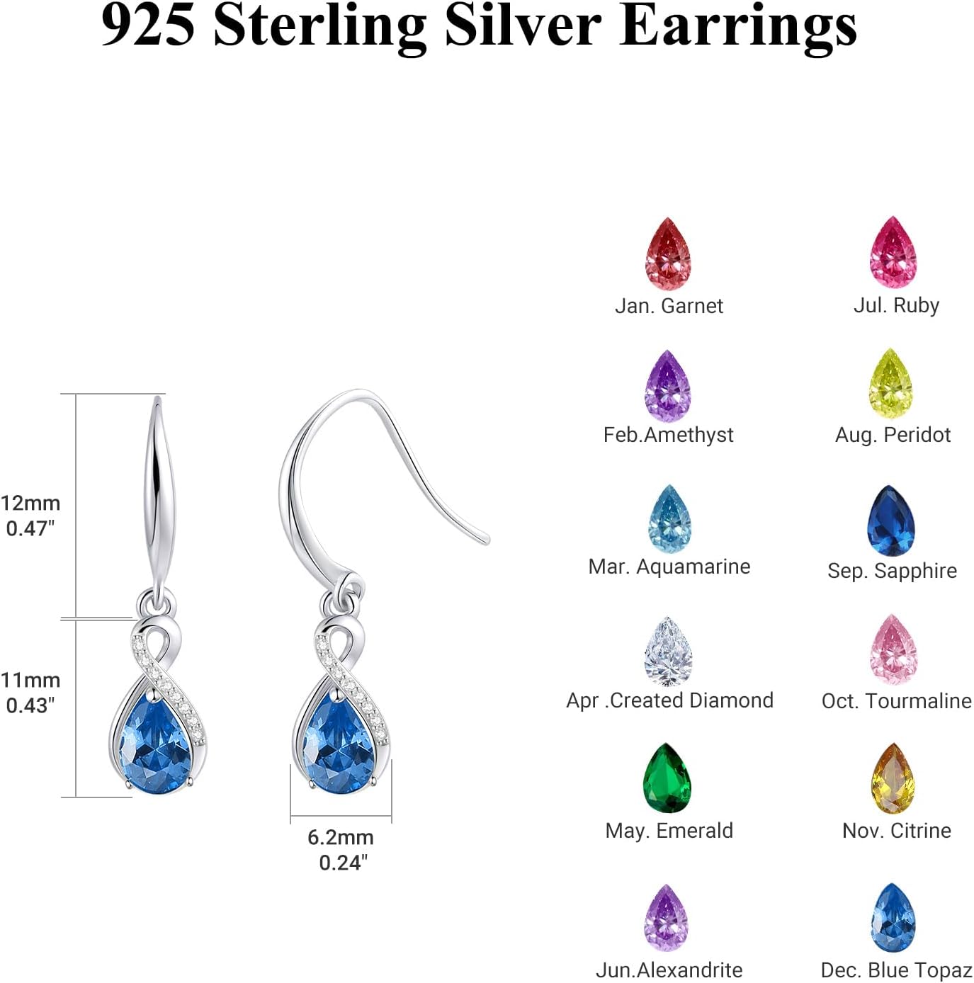 Infinity Birthstone Earrings 925 Sterling Silver Teardrop Infinity Drop Dangle Earrings Birthstone Jewelry Birthday Gifts for Women Her Mother Wife - Image 3