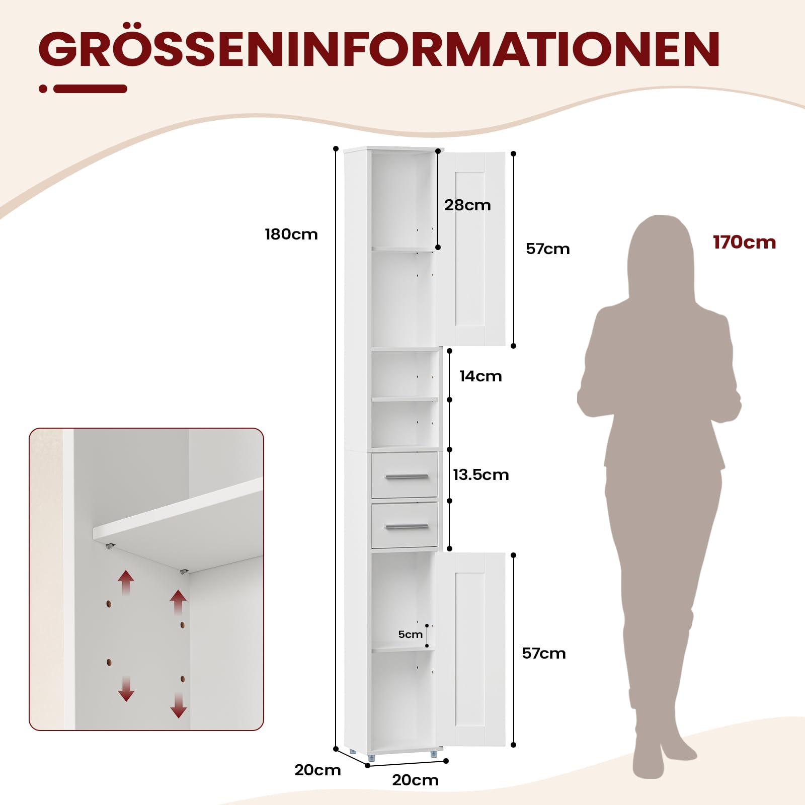 APICIZON Badezimmerschrank, Badschrank Hochschrank, Badezimmerschrank schmal, Badschrank mit verstellbaren Einlegeböden und Schublade, Nischenschrank für Waschbecken, WC, Waschmaschine, Weiss