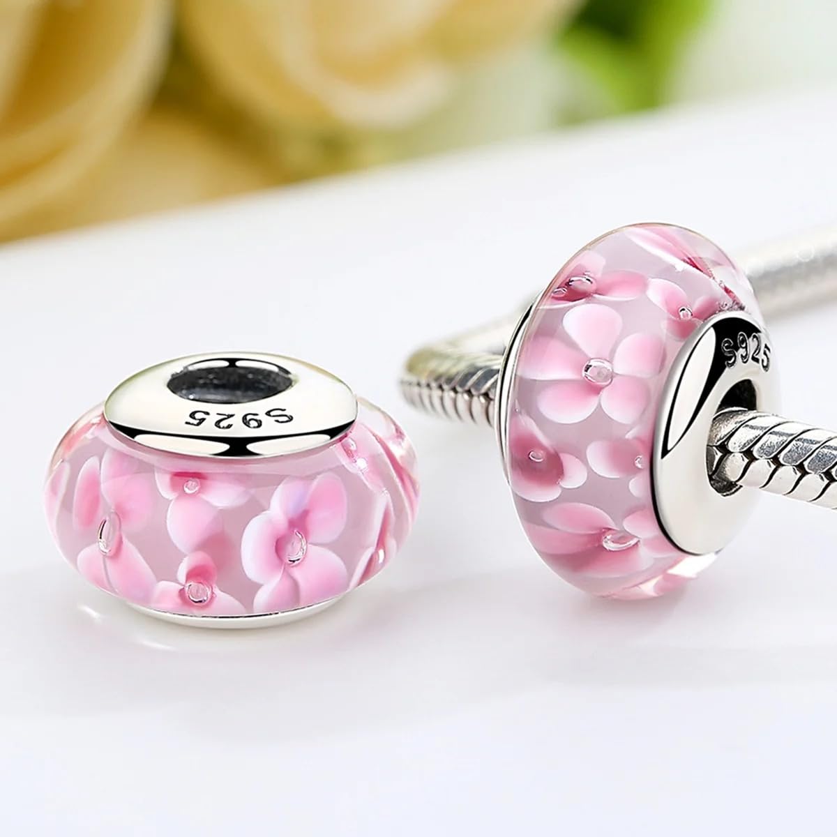 FLXHHX Ciondolo Floreale in Vetro di con Fiore Rosa, Autentico Argento Sterling 925, Compatibile con Bracciale