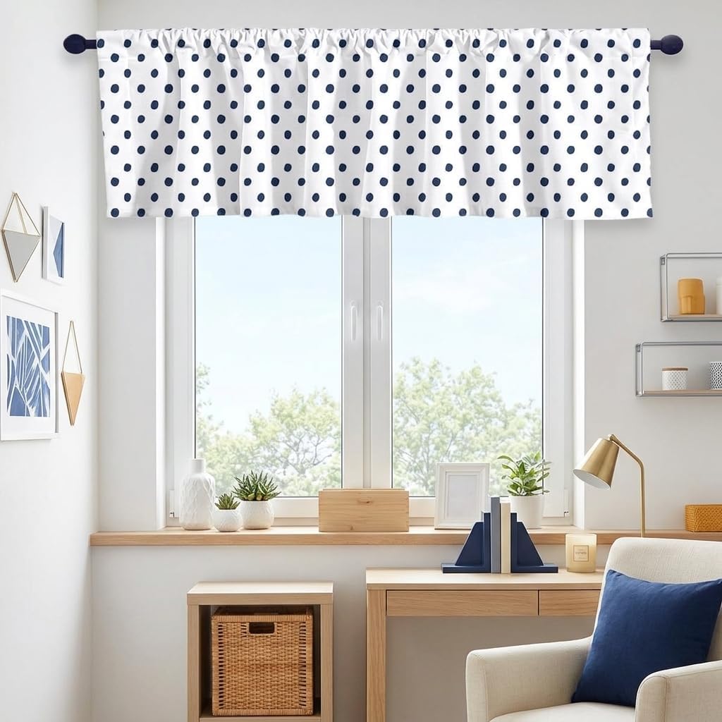 Homewish Polka Dot Valance Curtains,White Pink Dot Window Valances for Living Room Decor,Simple Art Blackout Window Treatments 1 Panel,Spotty Patterned Kitchen Curtain Valance,52" L X 12" W
