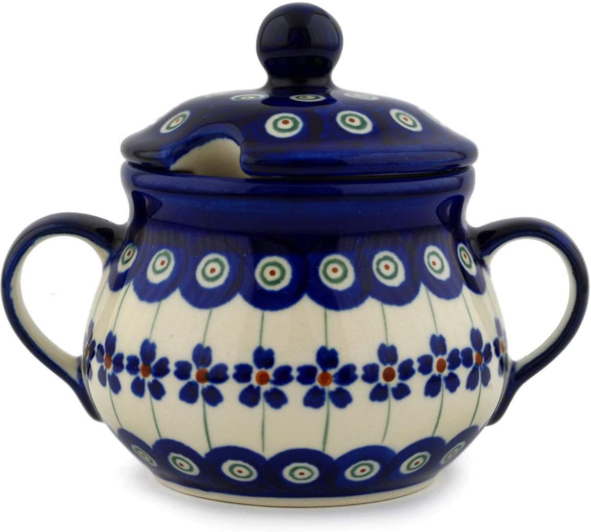 Polmedia Polish Pottery Sugar Bowl 8 oz - Flowering Peacock Pattern Handmade in Boleslawiec Poland + Certificate of Authenticity
