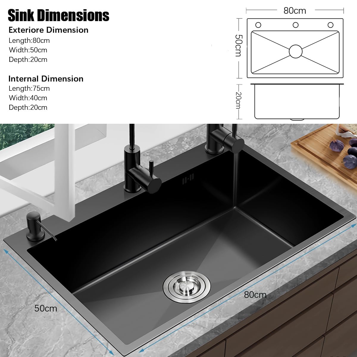 Fregadero de cocina Gris oscuro, 304 de acero inoxidable, 80 x 50 cm, para empotrar con grifo, dispensador de jabón, grifo de agua potable (80 x 50 cm)