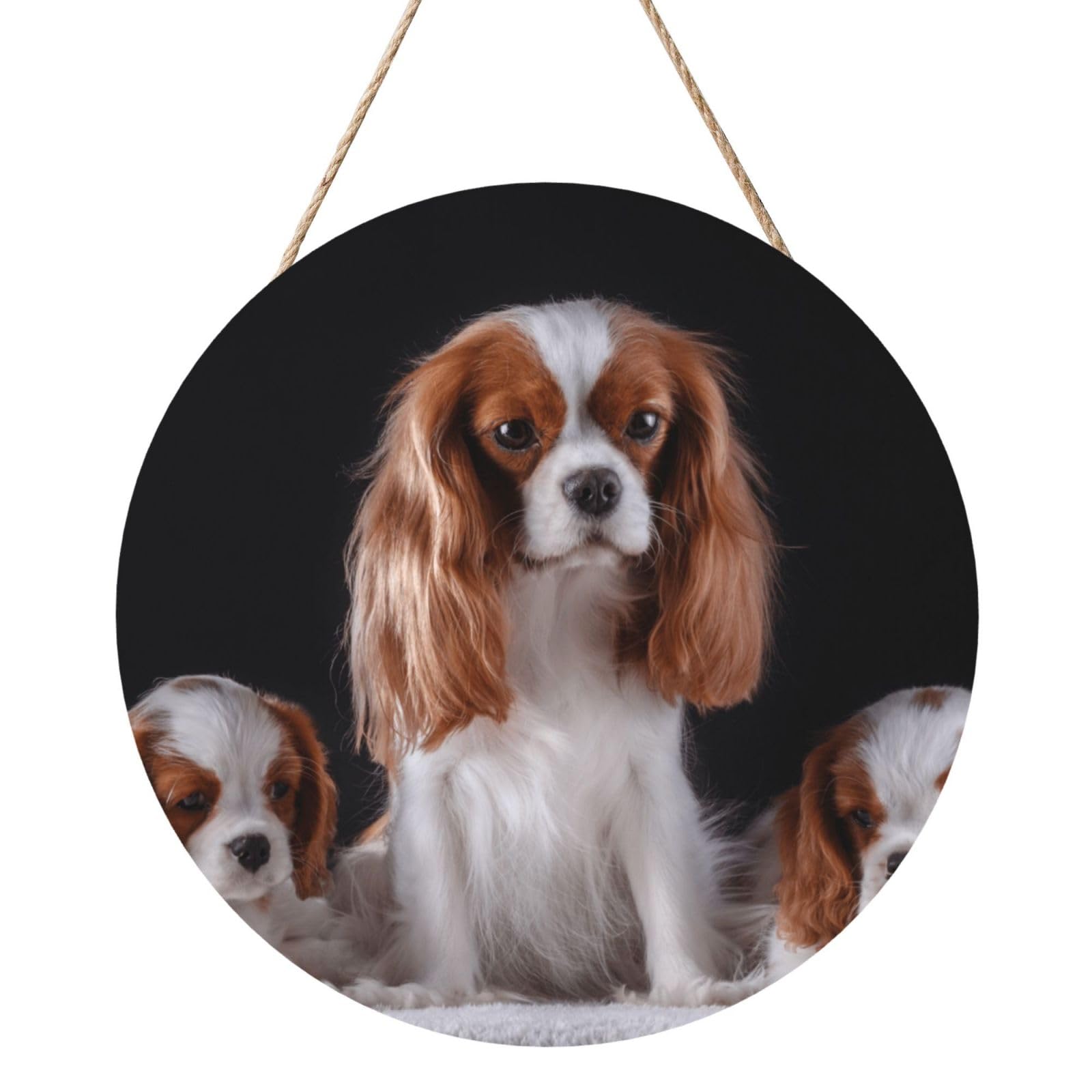 InOmak Cavalier King Charles Spaniel Mother With Cubs, Round Wood Panel Painting 12 in, Wall Hanging Painting For Home