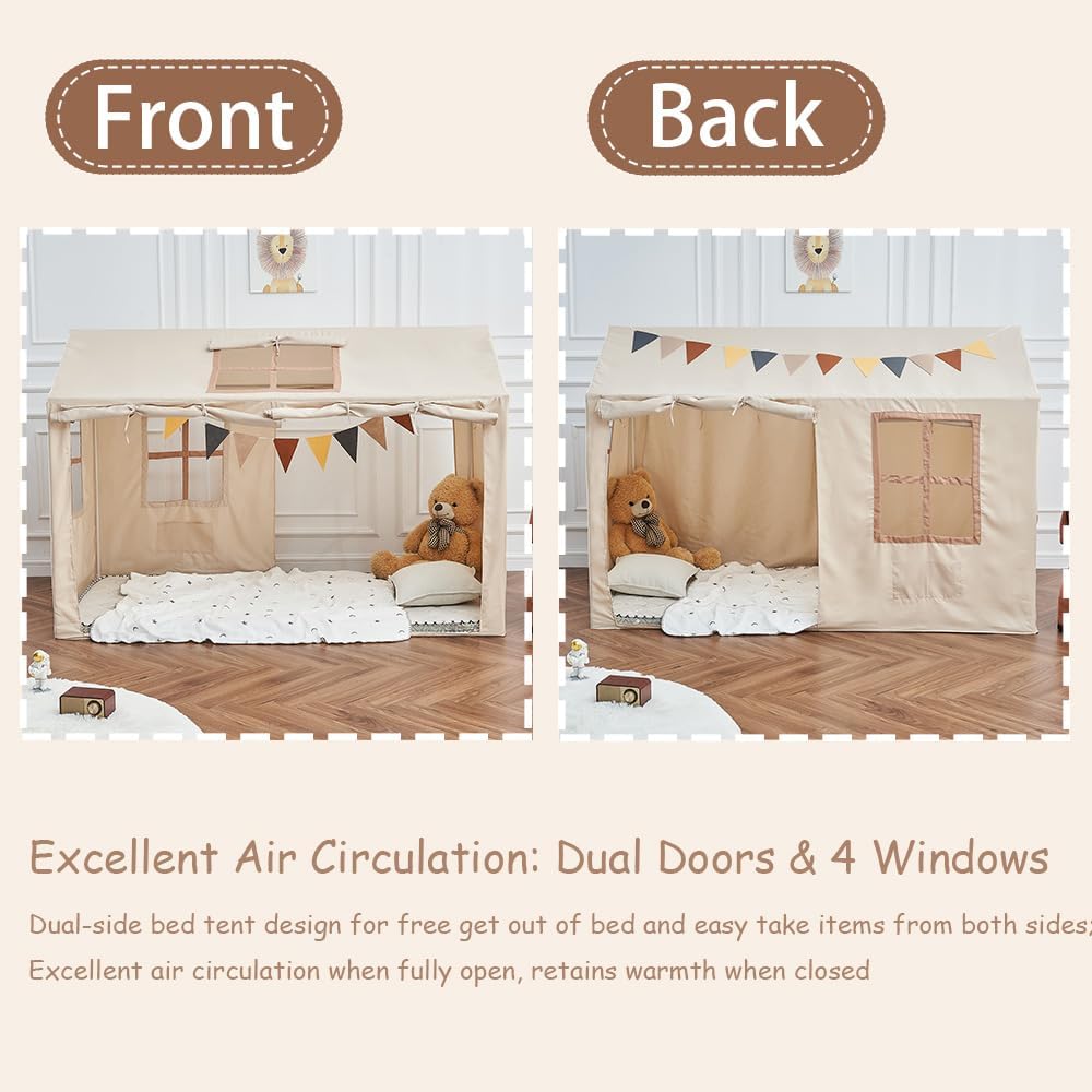 Twin Bed Tent Indoor Bed Canopy Kids Tents for Girls Boys with 2 Doors, Breathable Private Space Floor Fort Bed Tents for Kids Sleeping Tent (Twin, Khaki)