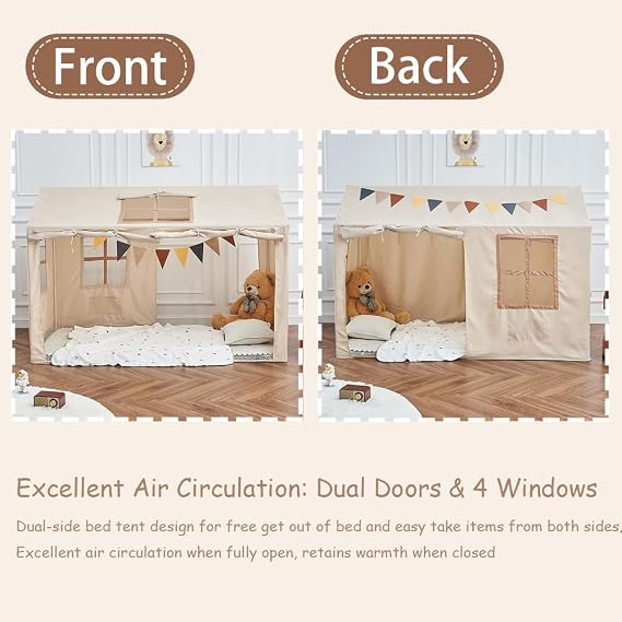 Twin Bed Tent Indoor Bed Canopy Kids Tents for Girls Boys with 2 Doors, Breathable Private Space Floor Fort Bed Tents for Kids Sleeping Tent (Twin, Khaki)