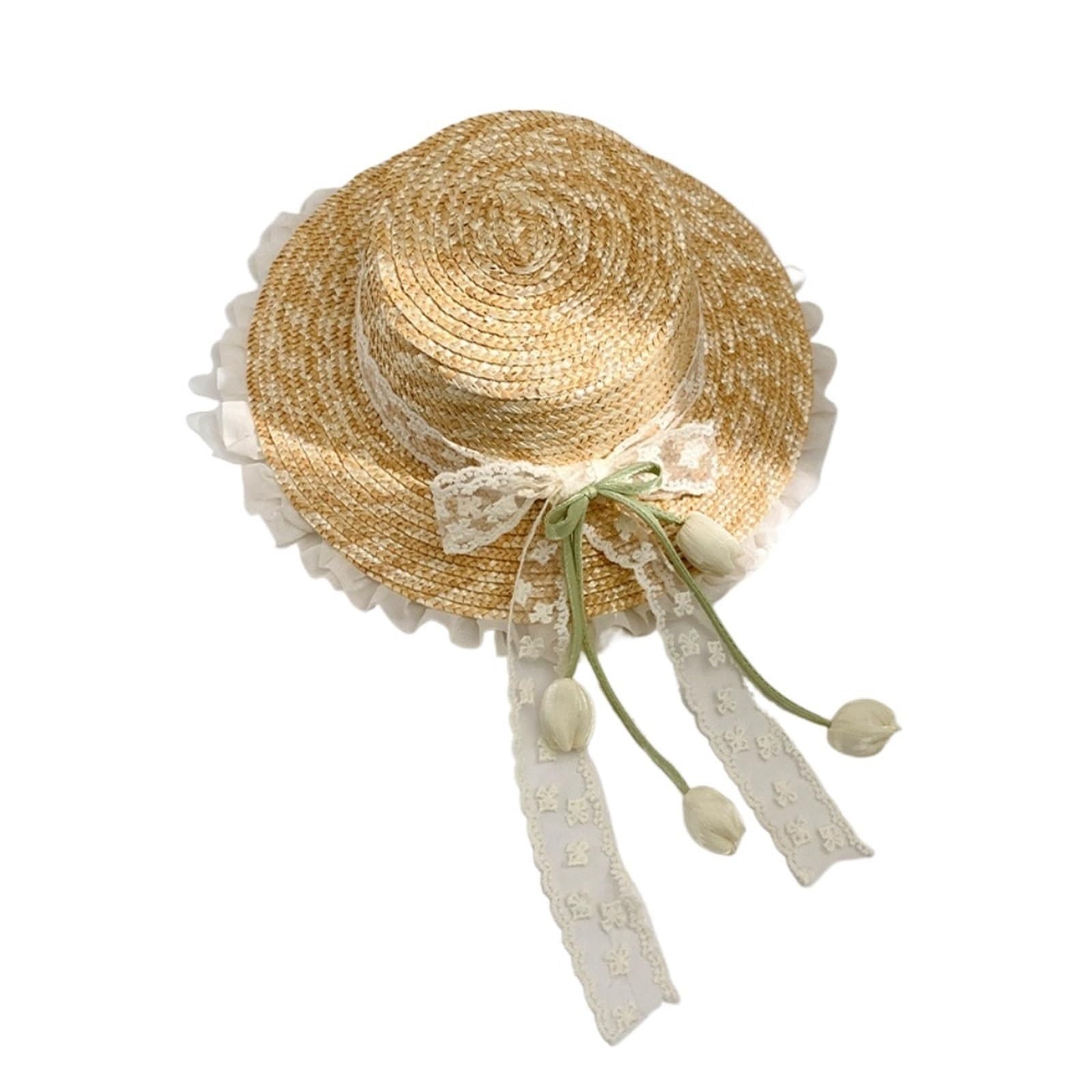 Sombrero de paja con flor lazo, ala ancha for excursiones al aire libre en la playa primavera y verano