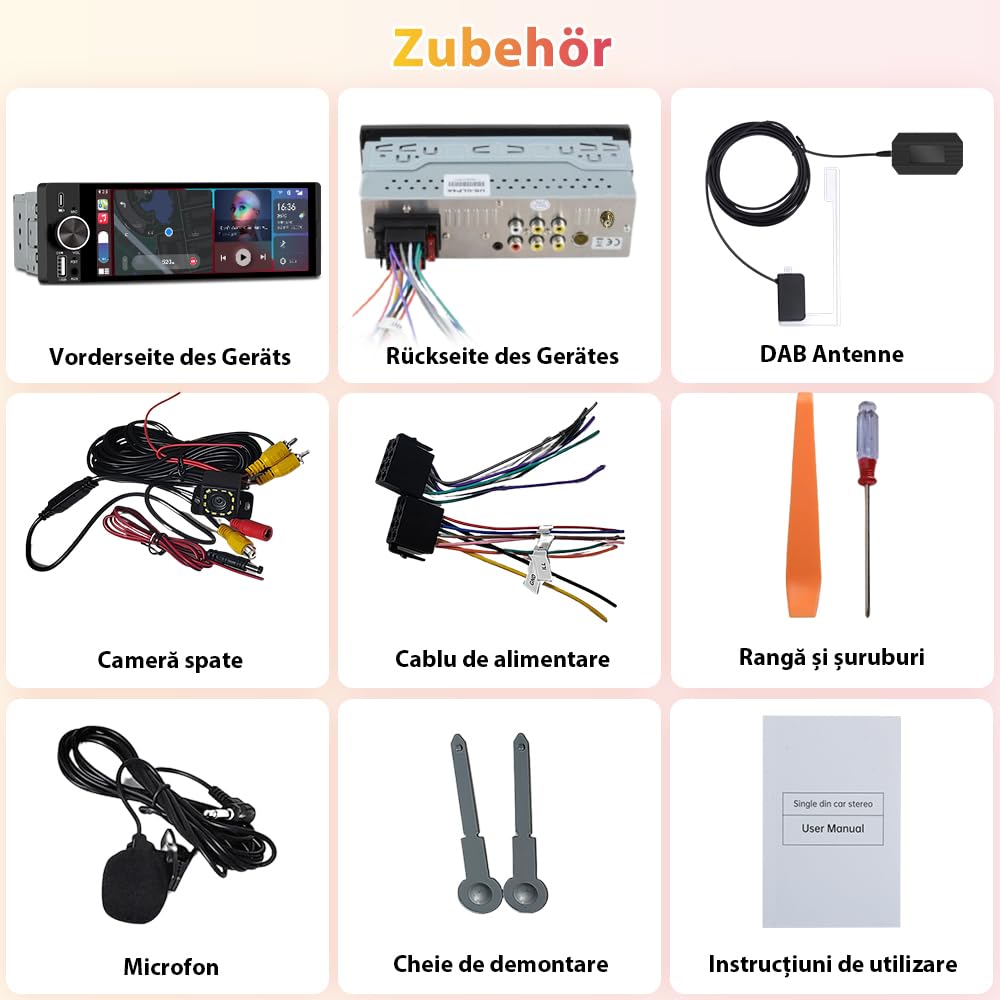 1 DIN Universales Autoradio, Carplay, Android Auto, DAB+, Rückfahrkamera | 6,28 Zoll Touchscreen, Online-Navigation von Carplay, RDS, Typ-C-Anschluss, USB-Anschluss, AUX Anschluss, Bluetooth