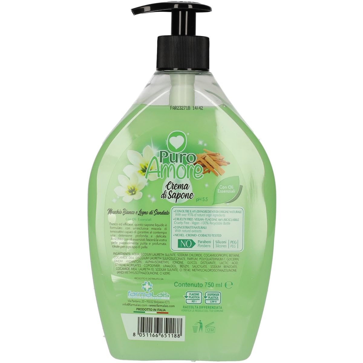 PURO AMORE - Jabón líquido Crema di Sapone (12 unidades, con almizcle blanco y madera de sándalo, piel suave, lisa y aterciopelada, 750 ml, incluye llavero Beni Culinari gratuito)