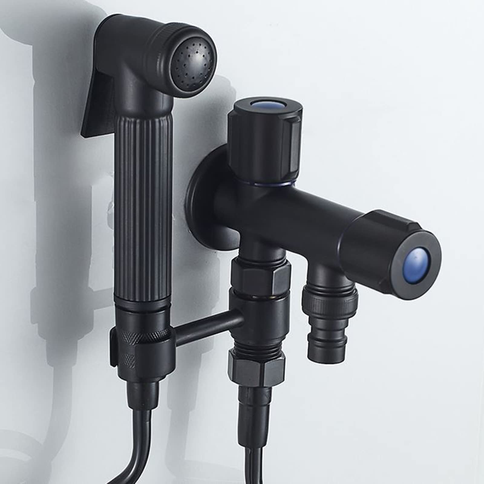 CMBSSTFC Grifo de jardín Doble, una Entrada, Dos Salidas, Adaptador de latón para Lavadora, grifos de Doble Salida, válvula de ángulo de Control Exterior, Negro C (Negro B)