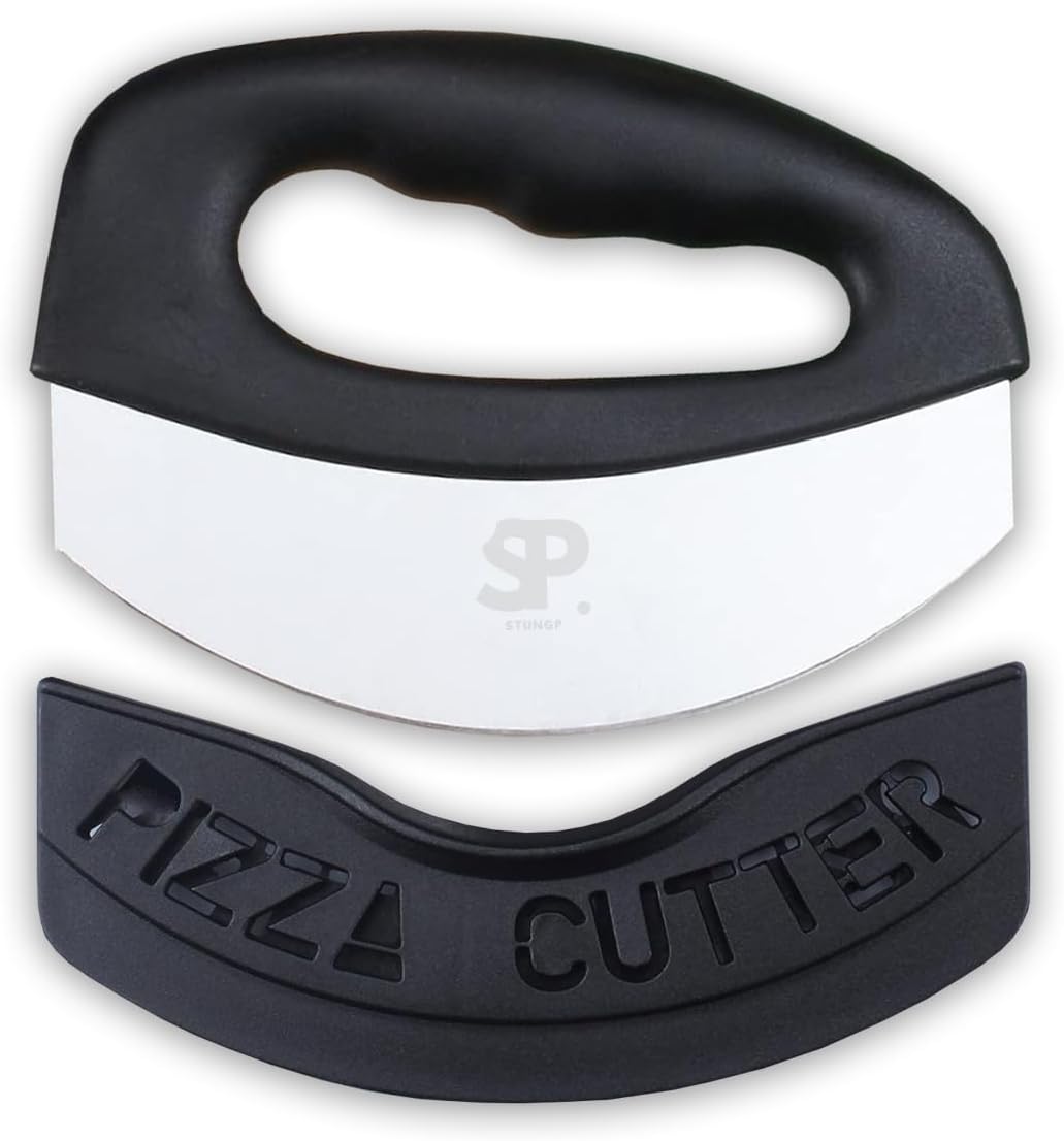 Stainless Steel Mezzaluna Salad Chopper Knife – Double Blade Herb Mincer with Protective Cover and Ergonomic Handles for Chopping Herbs, Vegetables, and Salad Stainless Steel Mezzaluna Salad Chopper Knife – Double Blade Herb Mincer with Protective Cover and Ergonomic Handles for Chopping Herbs, Vegetables, and Salad